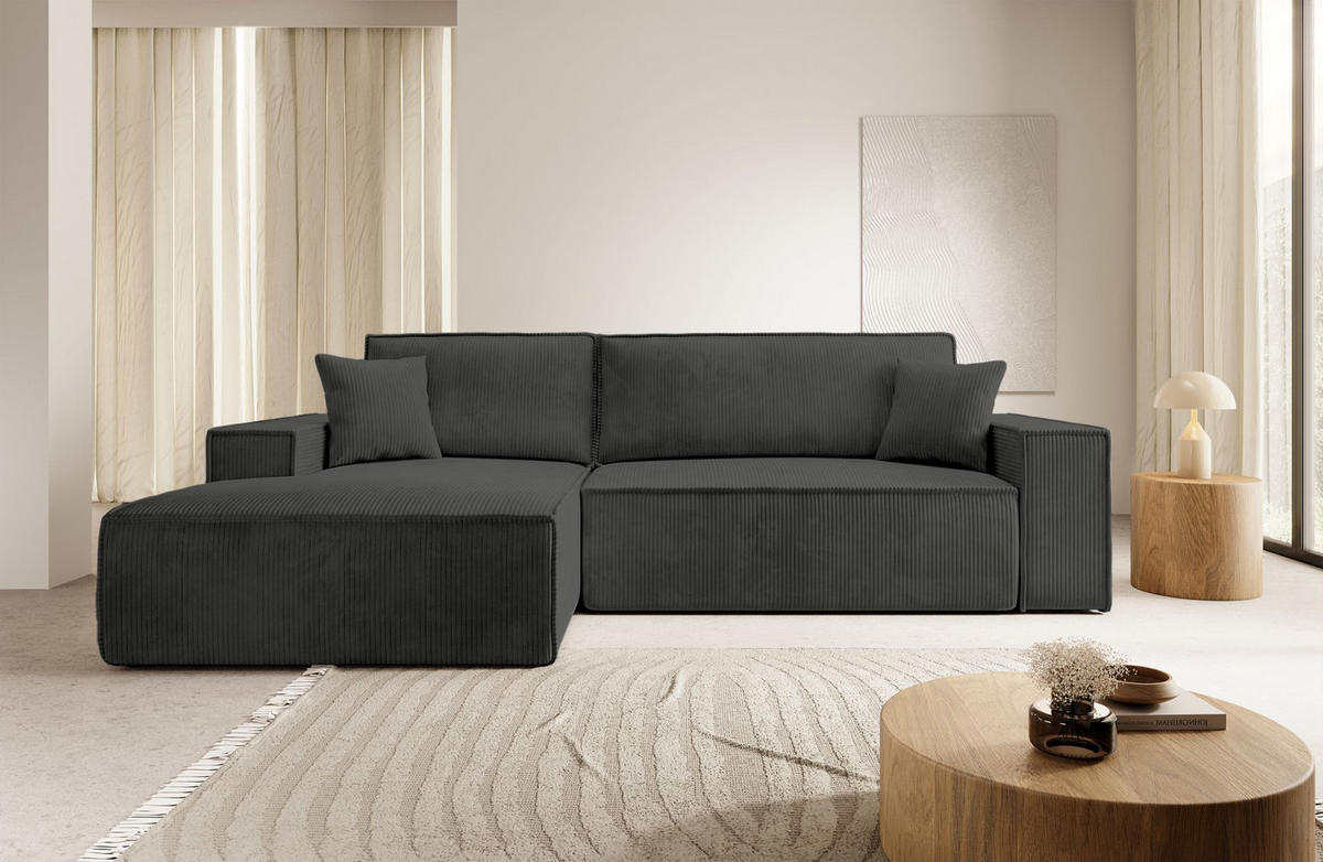 ECKSOFA Farese New Dunkelgrau Cord - Dunkelgrau/Schwarz, Kunststoff/Textil (267/167cm) - Selsey