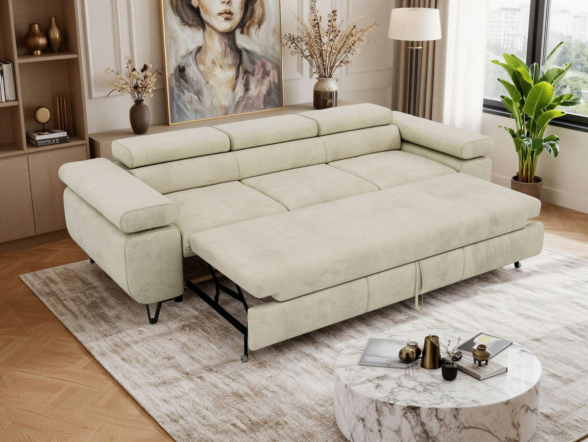 TŘÍMÍSTNÁ POHOVKA PETER 3 s rozkládací funkcí - Béžová Samet - černá/béžová, kov/textil (262/76/99cm) - MKS
