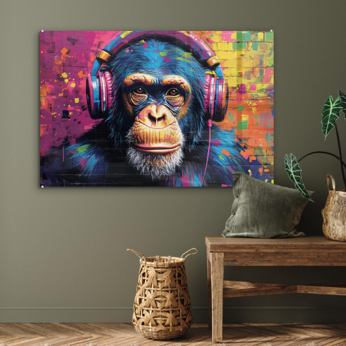 ACRYLGLASBILD Graffiti - Schimpanse - Straßenkunst - Kopfhörer - Affe 90x60 cm - Blau, Glas (90/60cm) - MuchoWow