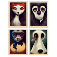POSTER Set mit 4 Hören Tier im T Burton Goth Stil A3 Rahmen aus hellem Holz - Beige, Papier (29.7/3cm) - Nacnic