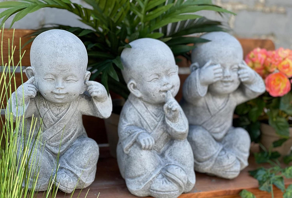 STEINFIGUR 3er große Buddha Shaolin Mönche nichts sehen sagen hören - Grau, Stein (14/26/17cm) - stoneandstyle