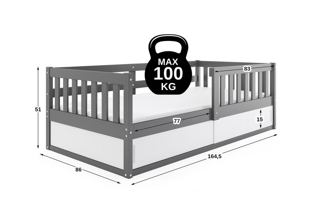 KINDERBETT Smart, 80x160, mit Stauraum, Gray - Grau, Holz (80/160cm) - Interbeds