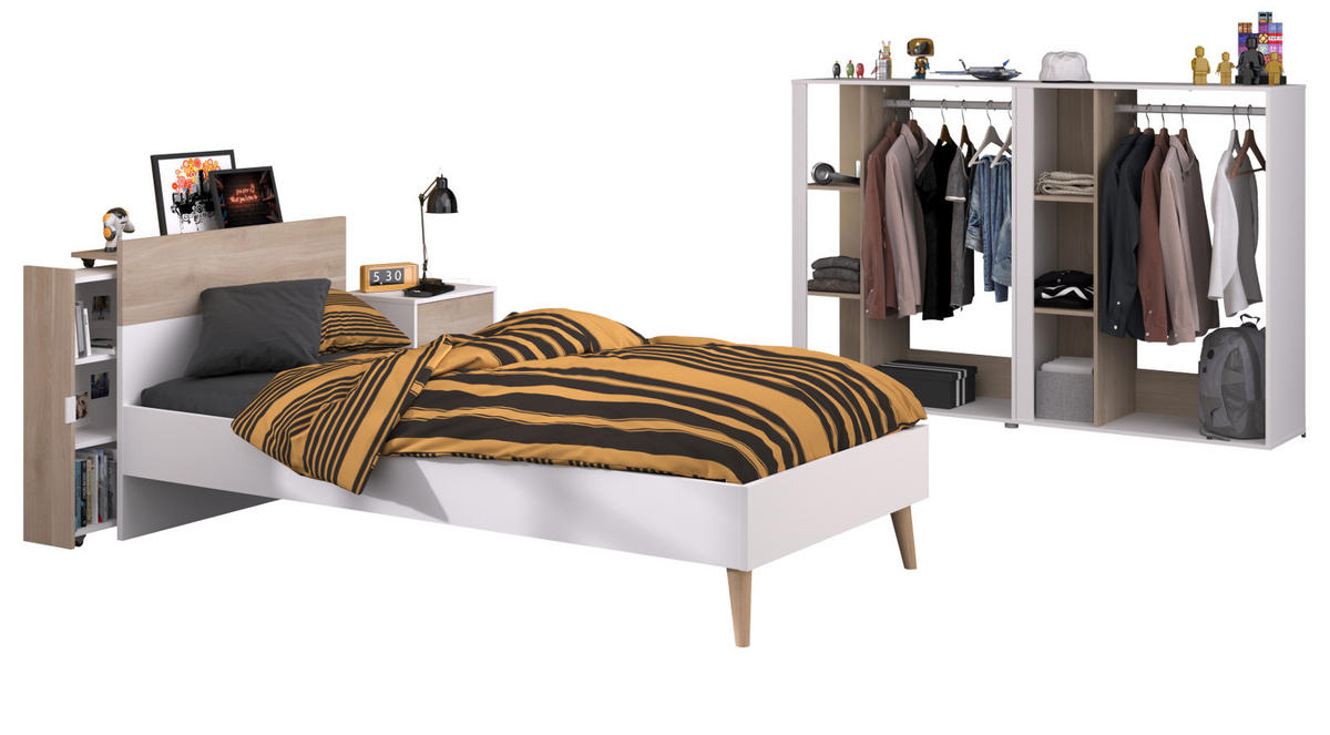 JUGENDZIMMER weiß, Eiche, Komplett-Set 5-teilig mit vielen Fächern - Eichefarben/Weiß, Holzwerkstoff/Kunststoff (95/123/206cm) - Parisot Meuble