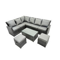 GARTEN-ECKSOFAGARNITUR mit Couchtisch Polyrattan Dunkelgrau 8-Sitzer - Dunkelgrau/Grau, Glas/Kunststoff - Fimous