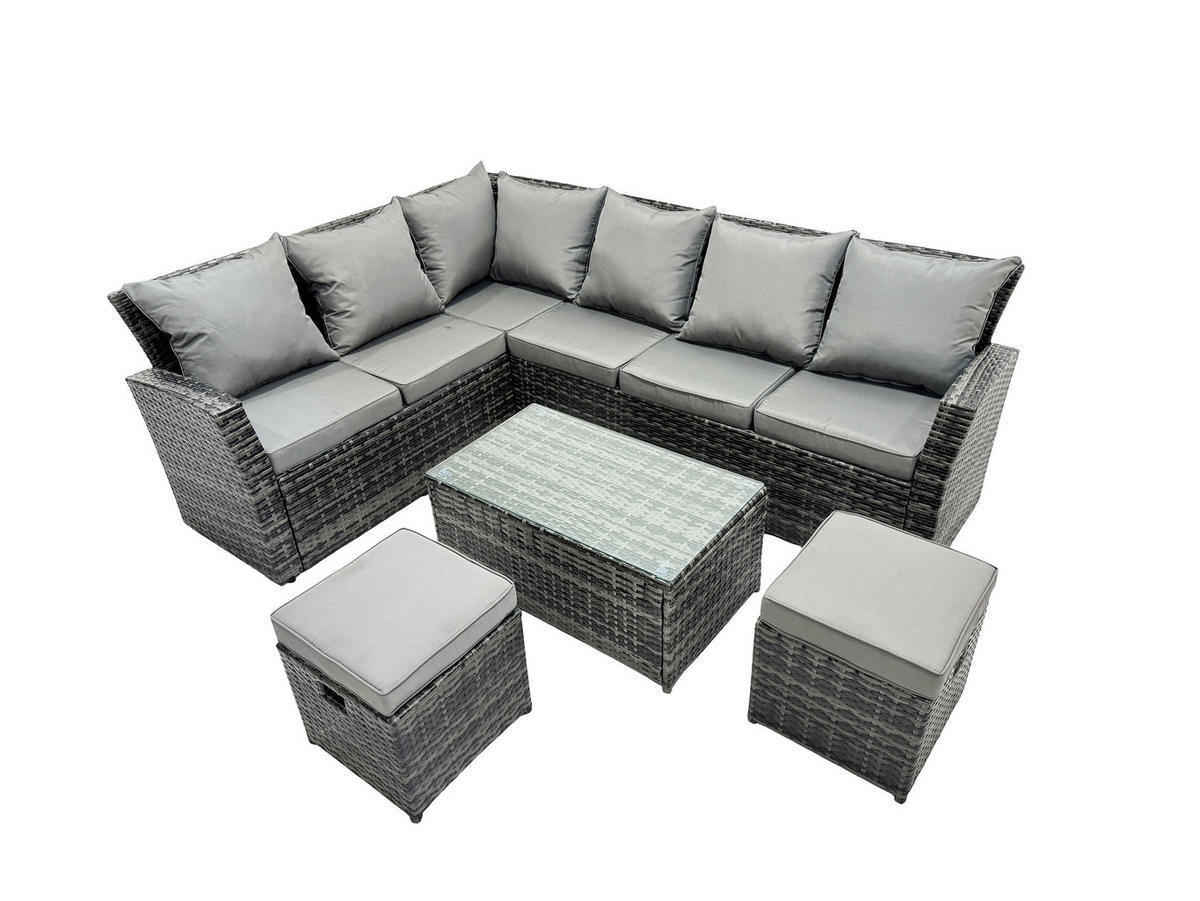 GARTEN-ECKSOFAGARNITUR mit Couchtisch Polyrattan Dunkelgrau 8-Sitzer - Dunkelgrau/Grau, Glas/Kunststoff - Fimous