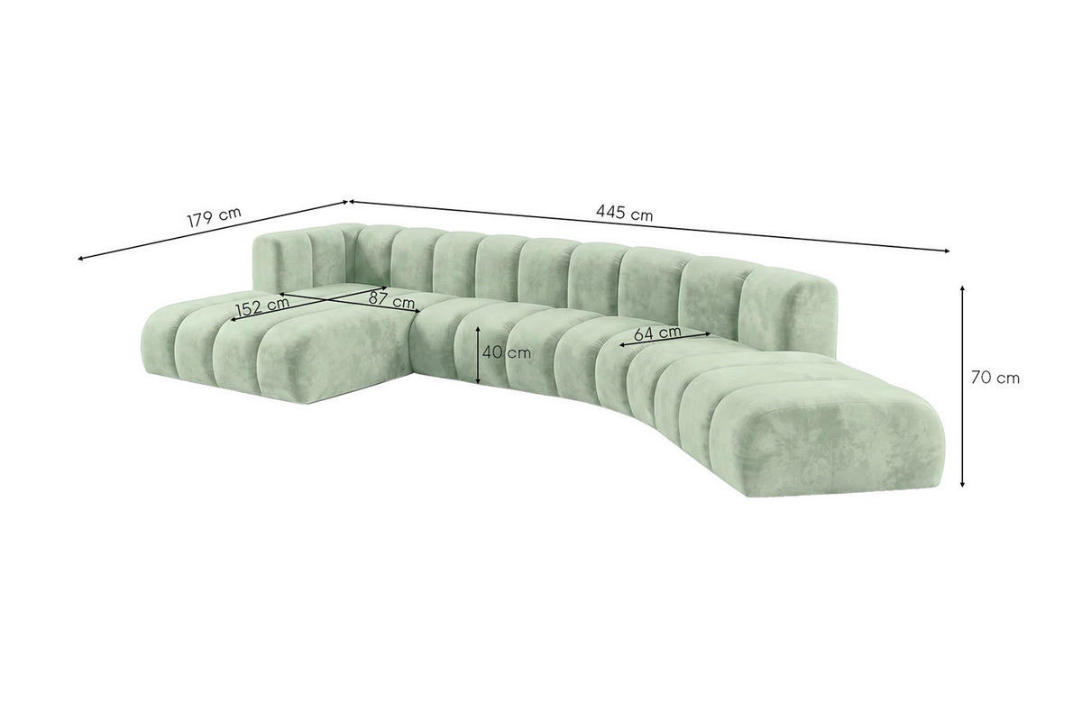 ECKSOFA Modulares In L-Form, Velvet-Stoff Riviera, Mintz, Links, GRAND Round - Mintgrün, Holz (445/179cm) - Kaiser Möbel