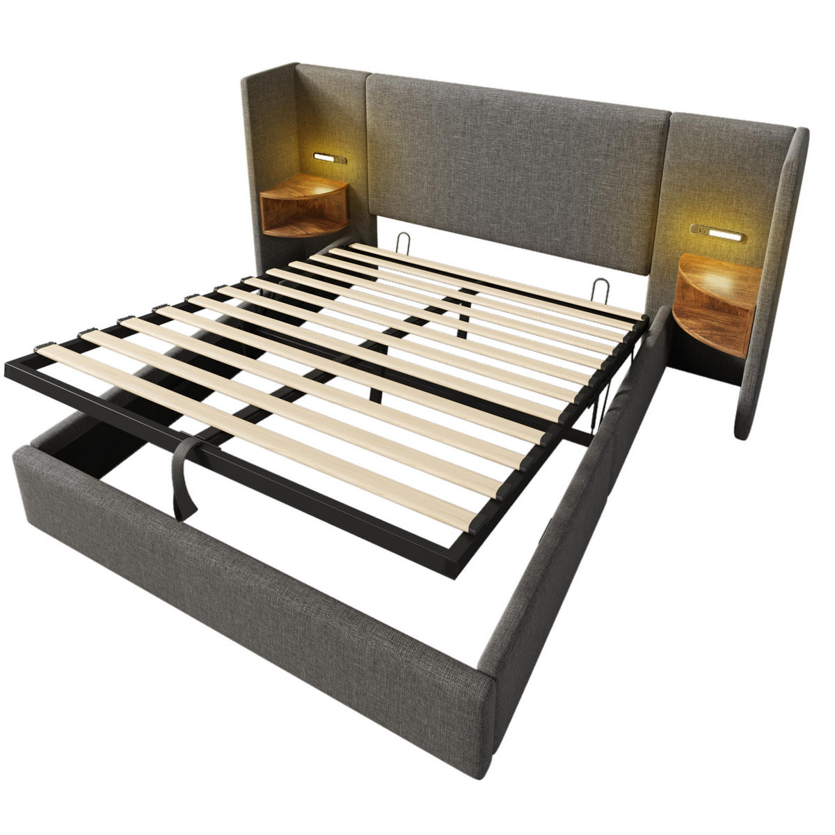 ČALÚNENÁ posteľ z ľanu 160x200 cm sivá s čítacím svetlom, USB a Type-C nabíjaním, úložným priestorom a matracom - sivá, textil (160/200cm) - Modfu