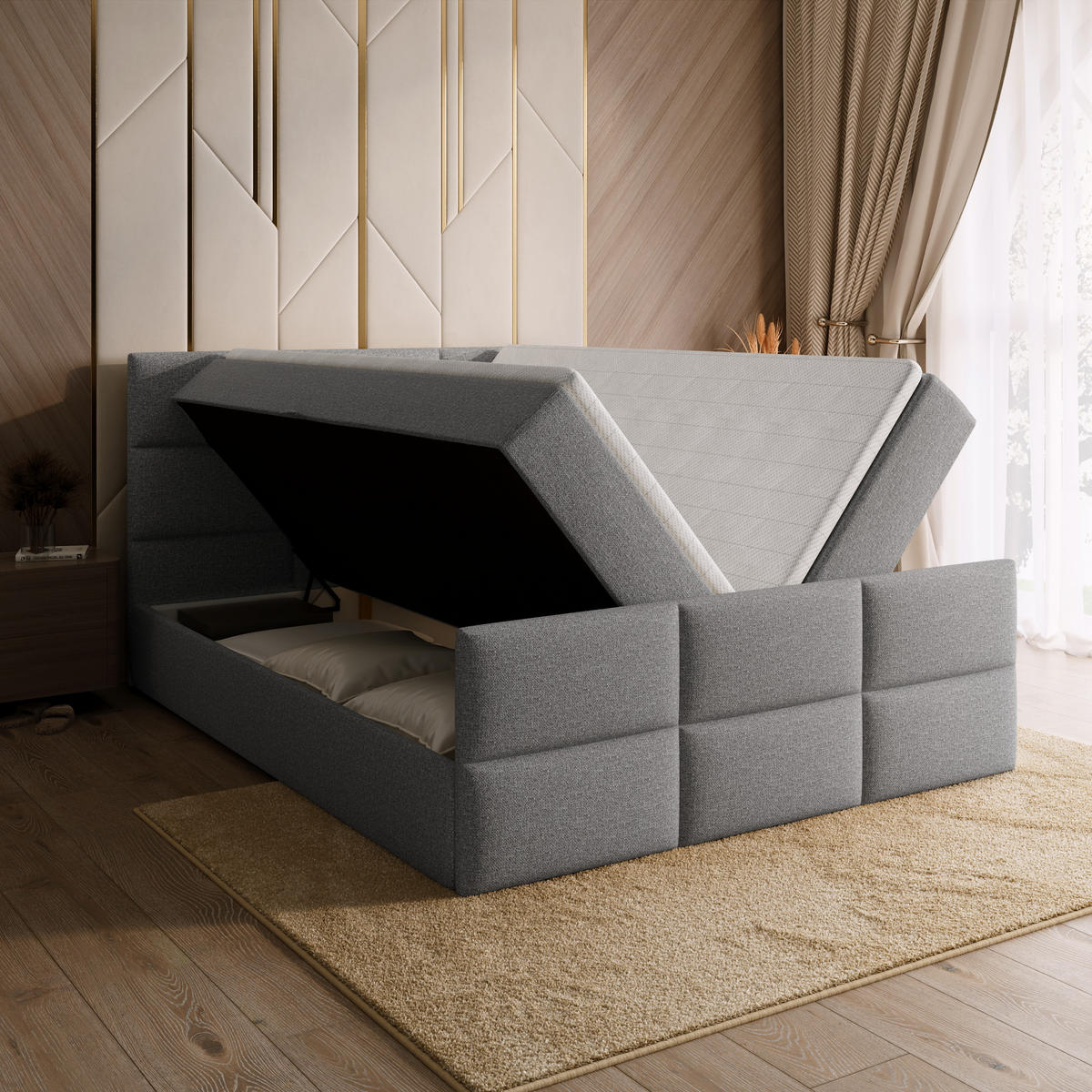 BOXSPRINGBETT Boston Duo Mit Bettkasten, Topper und Matratze Grau Malmo 90 140x200 cm - Schwarz/Grau, Textil (140/200cm) - Bromarkt