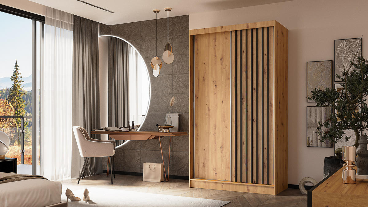 KLEIDERSCHRANK mit furnierten Schiebetüren und Aluminium-Leisten, LED-Beleuchtung - LABELO - 120 cm Artisan+Artisan+Schwarz - Schwarz/Eiche Artisan, Holzwerkstoff (120/216/61cm) - ALTDECOR