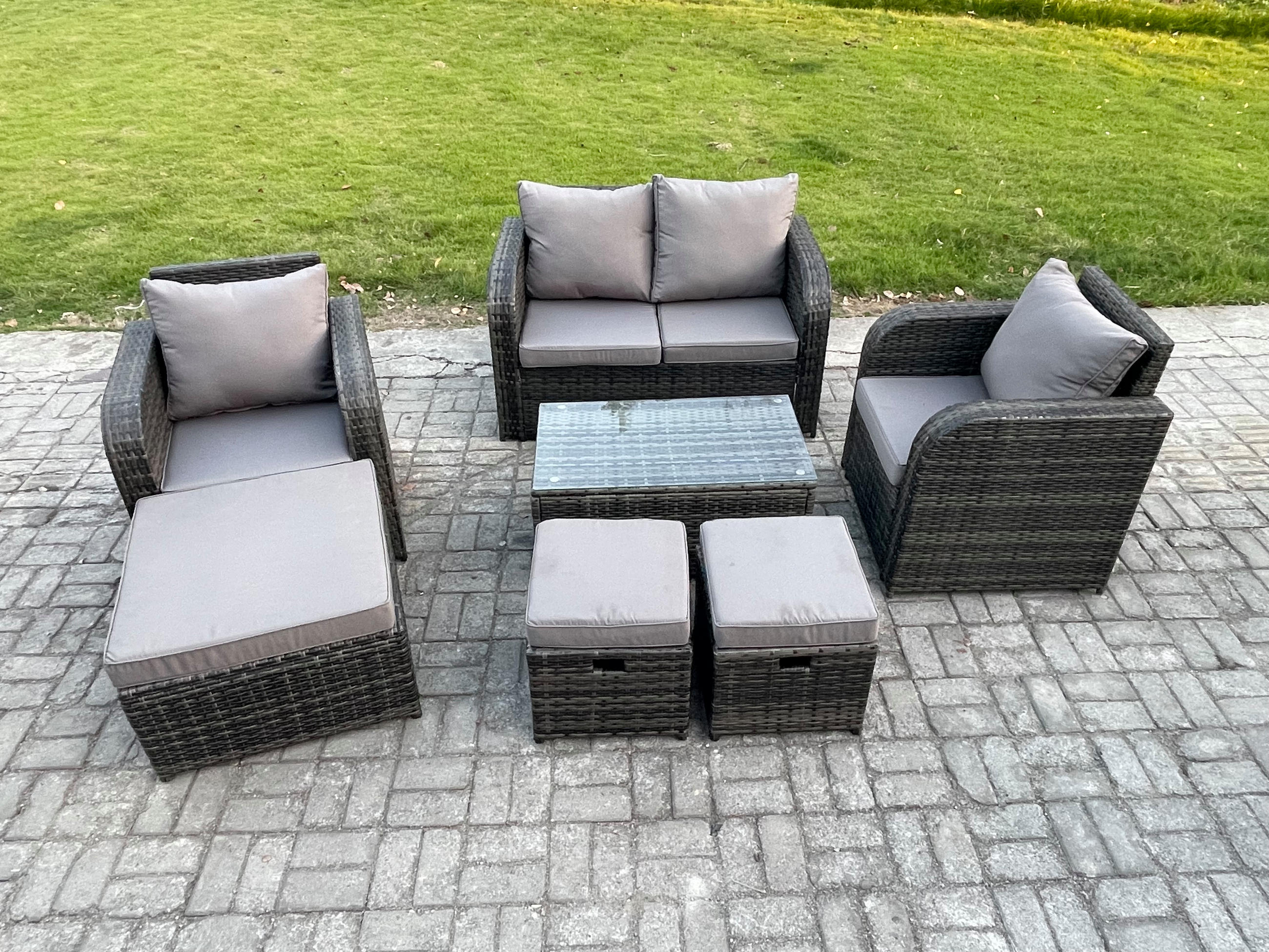 GARTENLOUNGE-SET Polyrattan Dunkelgrau 7-Sitzer - Dunkelgrau, Metall - Fimous