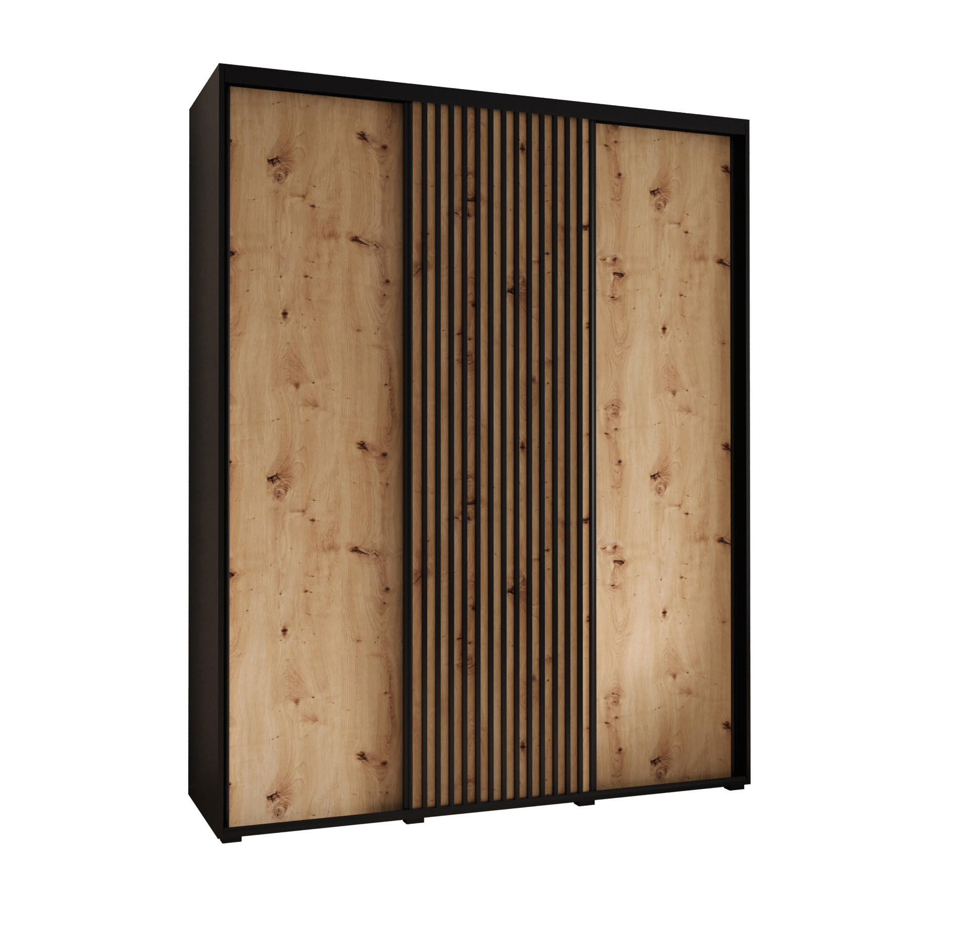 Abiks Möbel Schwebetürenschrank Schwarz, Eiche Artisan, Schwarz 190x235x45 cm