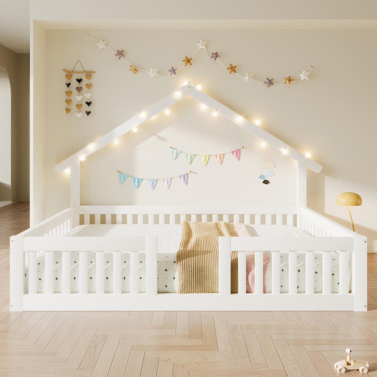 KINDERBETT 140/200 cm in Weiß mit LED und Sicherheitsgitter aus Holz im Hausdesign - Weiß, Holzwerkstoff (140/200cm) - STILVORA