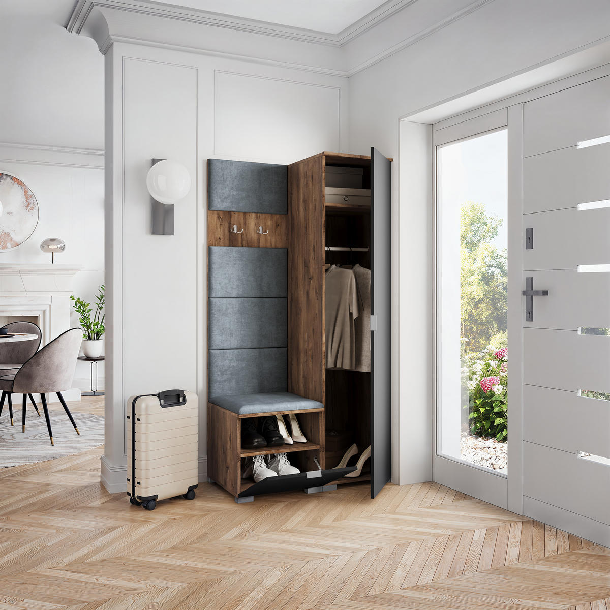 GARDEROBENSCHRANK LORI 95/181/51 cm Modern Garderobe-Set Eiche Lefkas - Eichefarben/Schwarz, Holzwerkstoff (95/181/51cm) - MASSENO