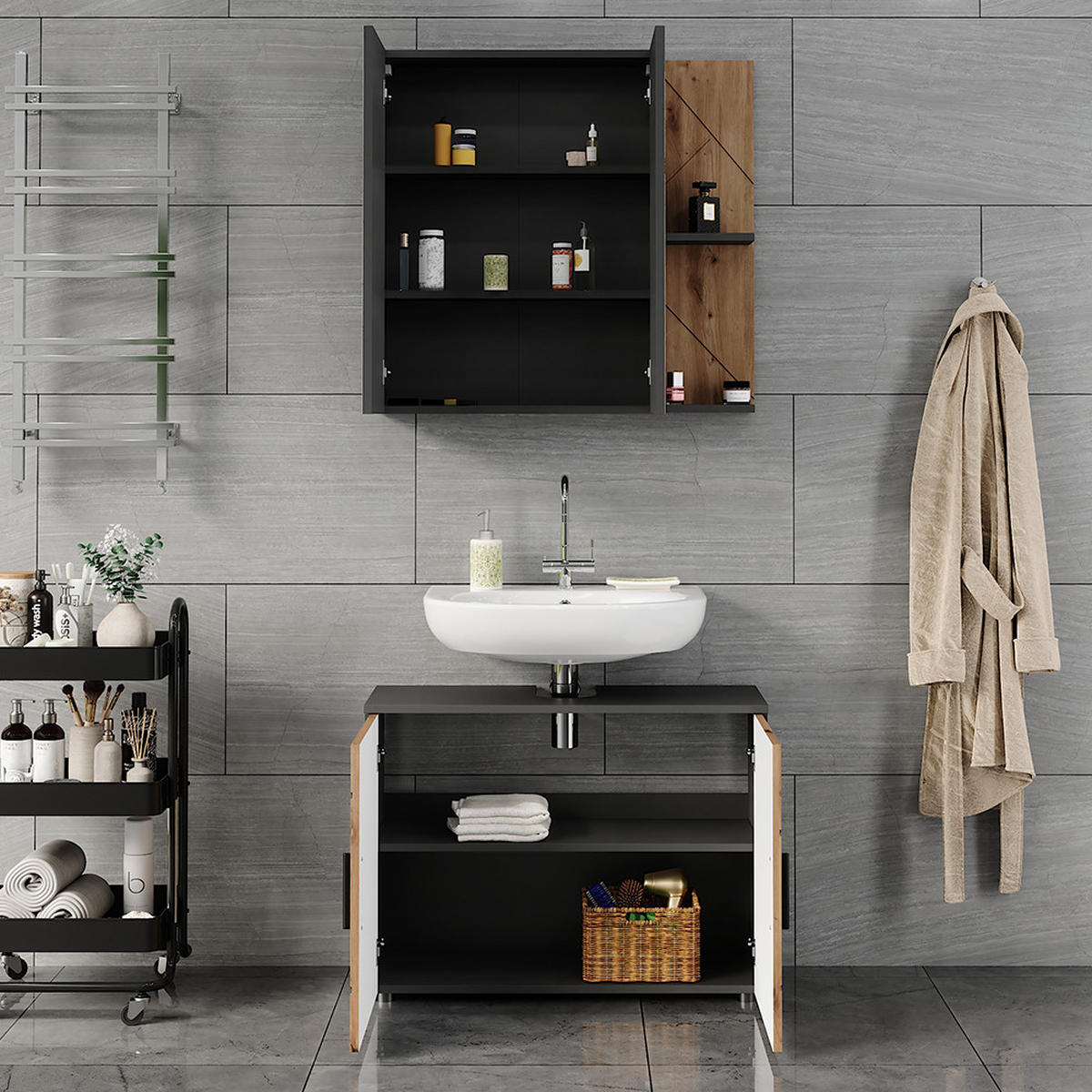 BADMÖBEL-SET Irma Anthrazit/Artisan 2 Teile - Anthrazit/Hellgrau, Holzwerkstoff (80/59/30cm) - Vicco