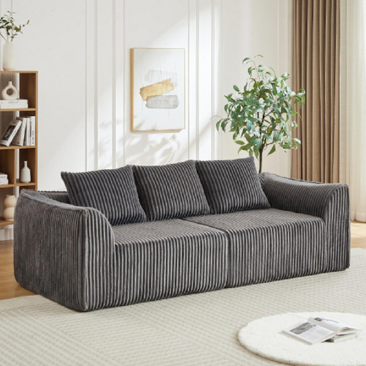 3-SITZER SOFA Cord Grau mit 2 Kissen - Grau, Textil (235.5/72.5/101cm) - WISHDOR