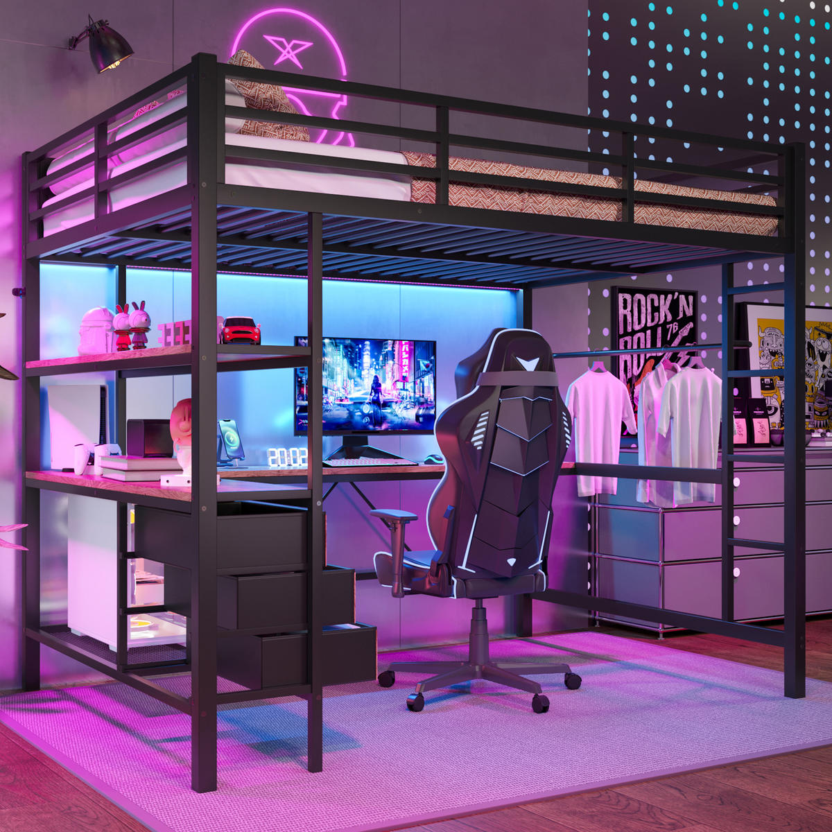 HOCHBETT 140x200cm Schwarz LED-Licht Schreibtisch USB 3 Schubladen - Schwarz, Metall (140/200cm) - FLIEKS