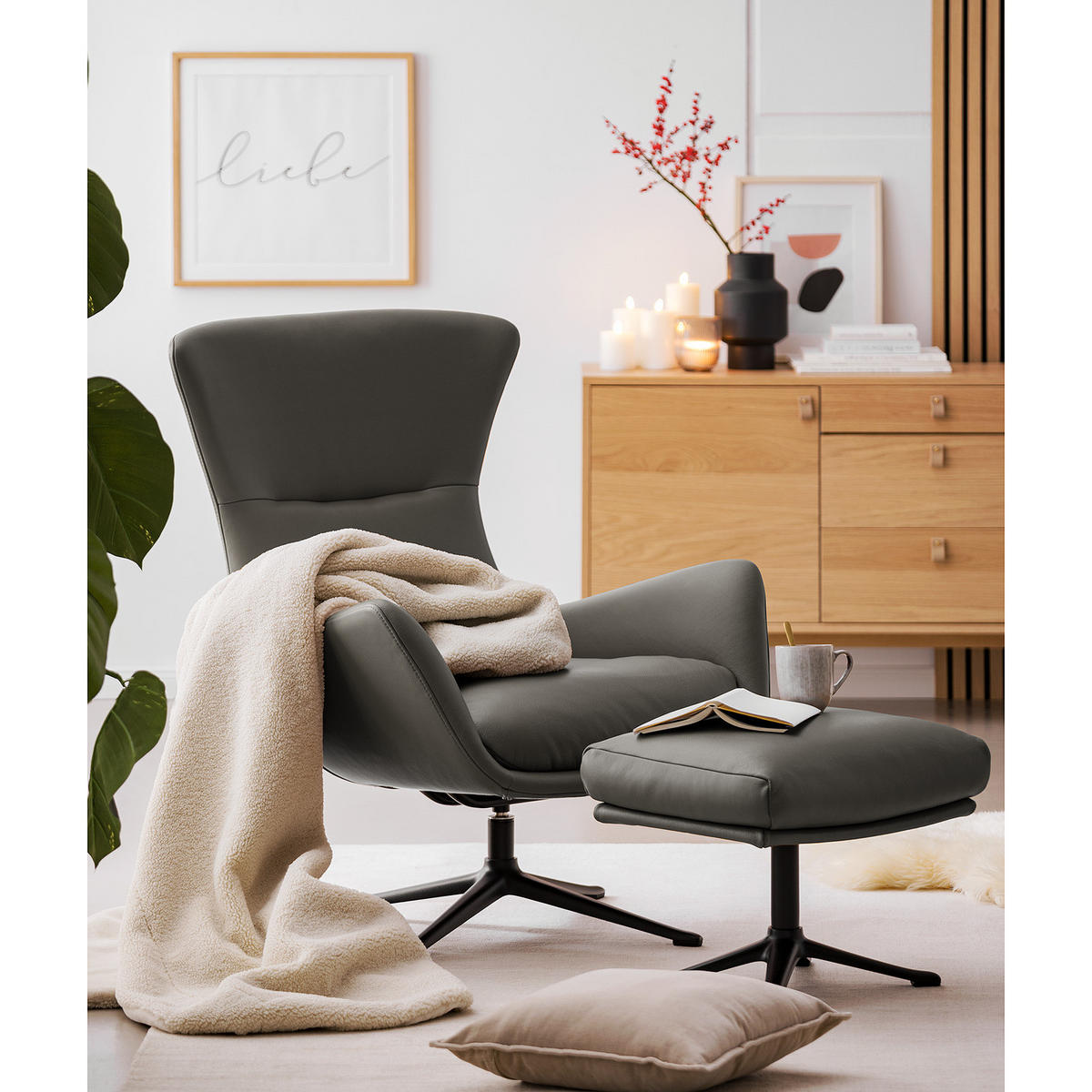 HOCKER mit Kreuzfuß - Schwarz/Grau, Leder/Metall (54/41/41cm) - home24