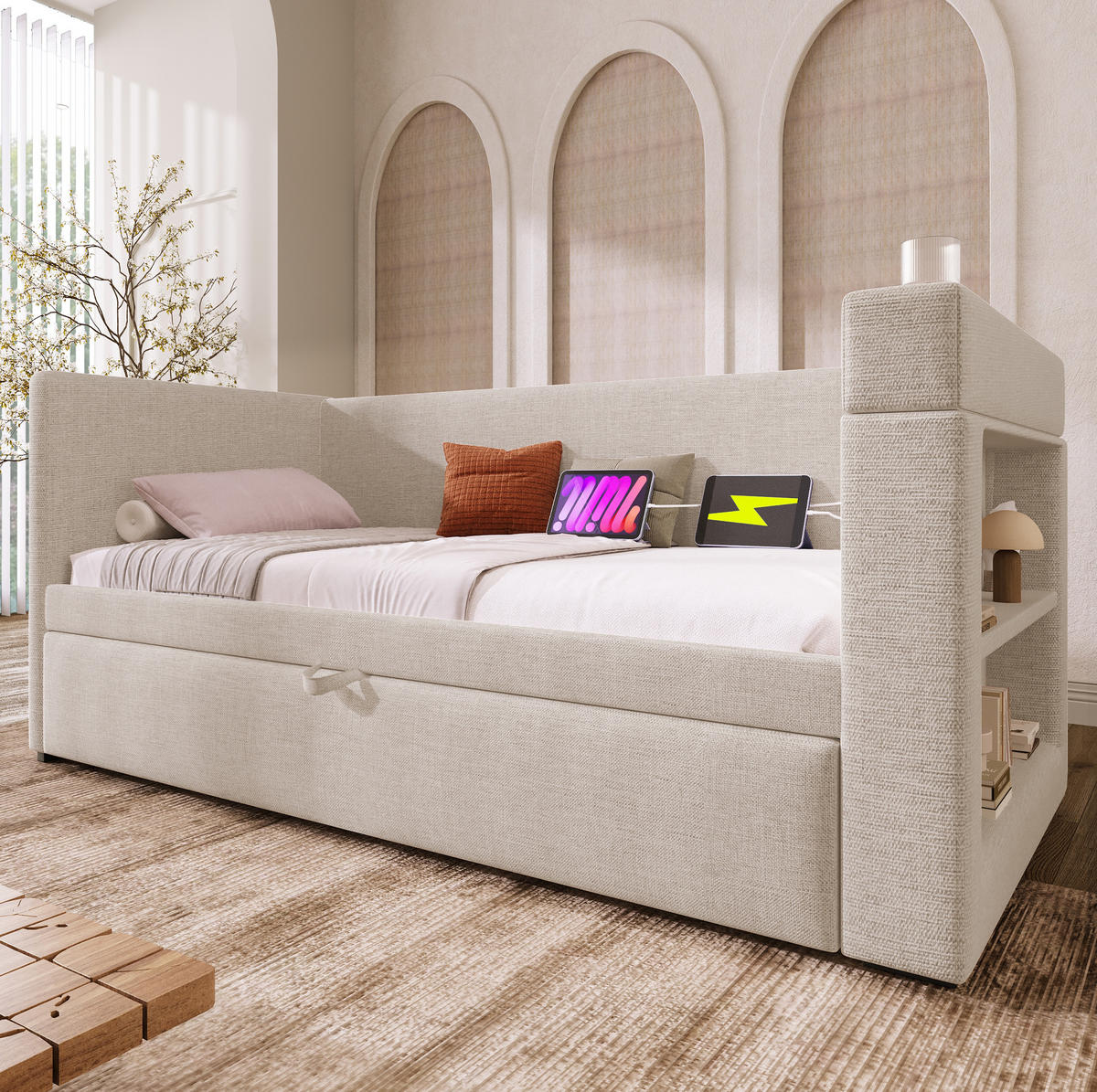 POSTEĽ 90/190 cm s USB-C a držiakmi na nápoje, béžová - béžová, textil (90/190cm) - Flora Grace