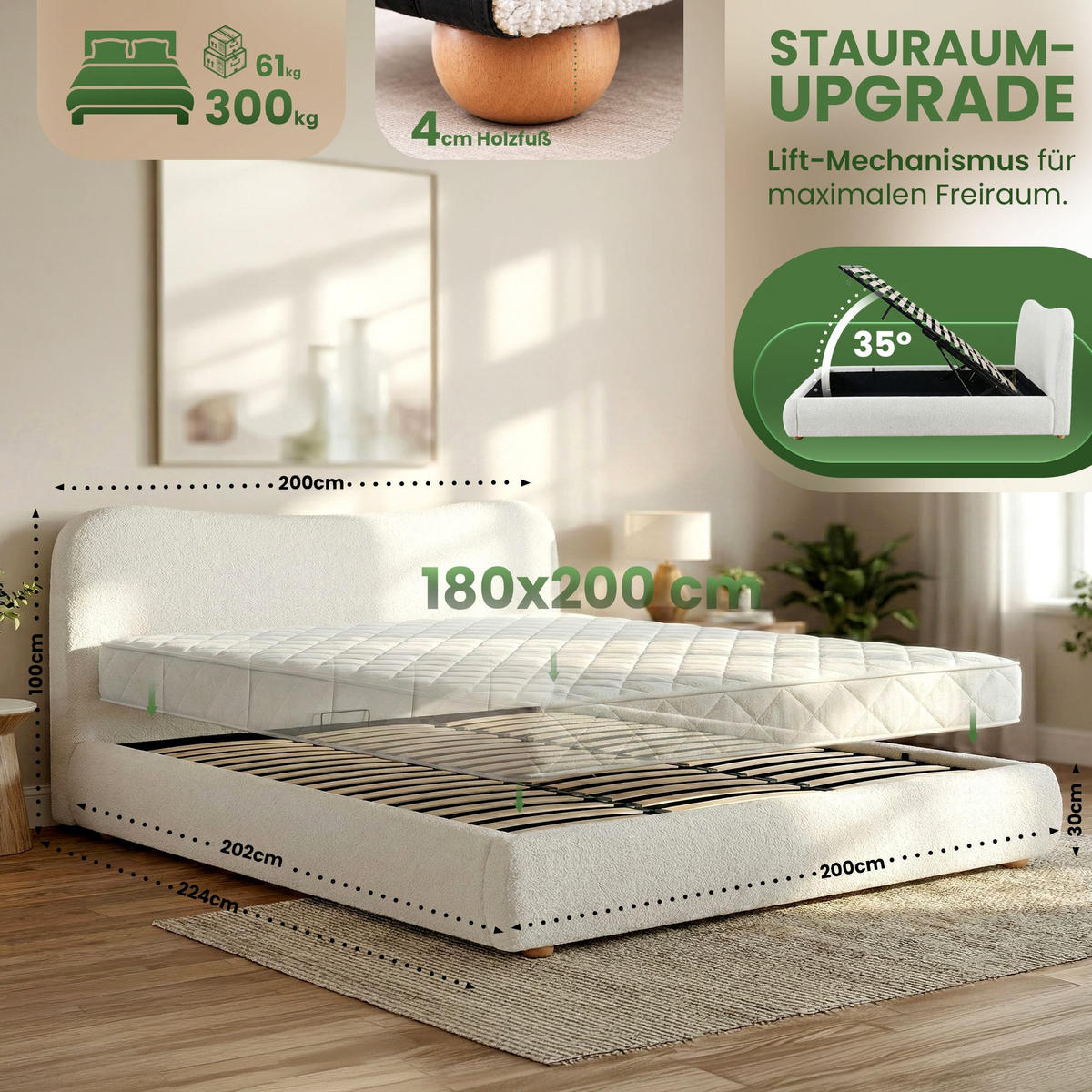 POLSTERBETT 160 cm/200 cm cm Stoff Creme - Creme, Textil (200/224cm) - CLP