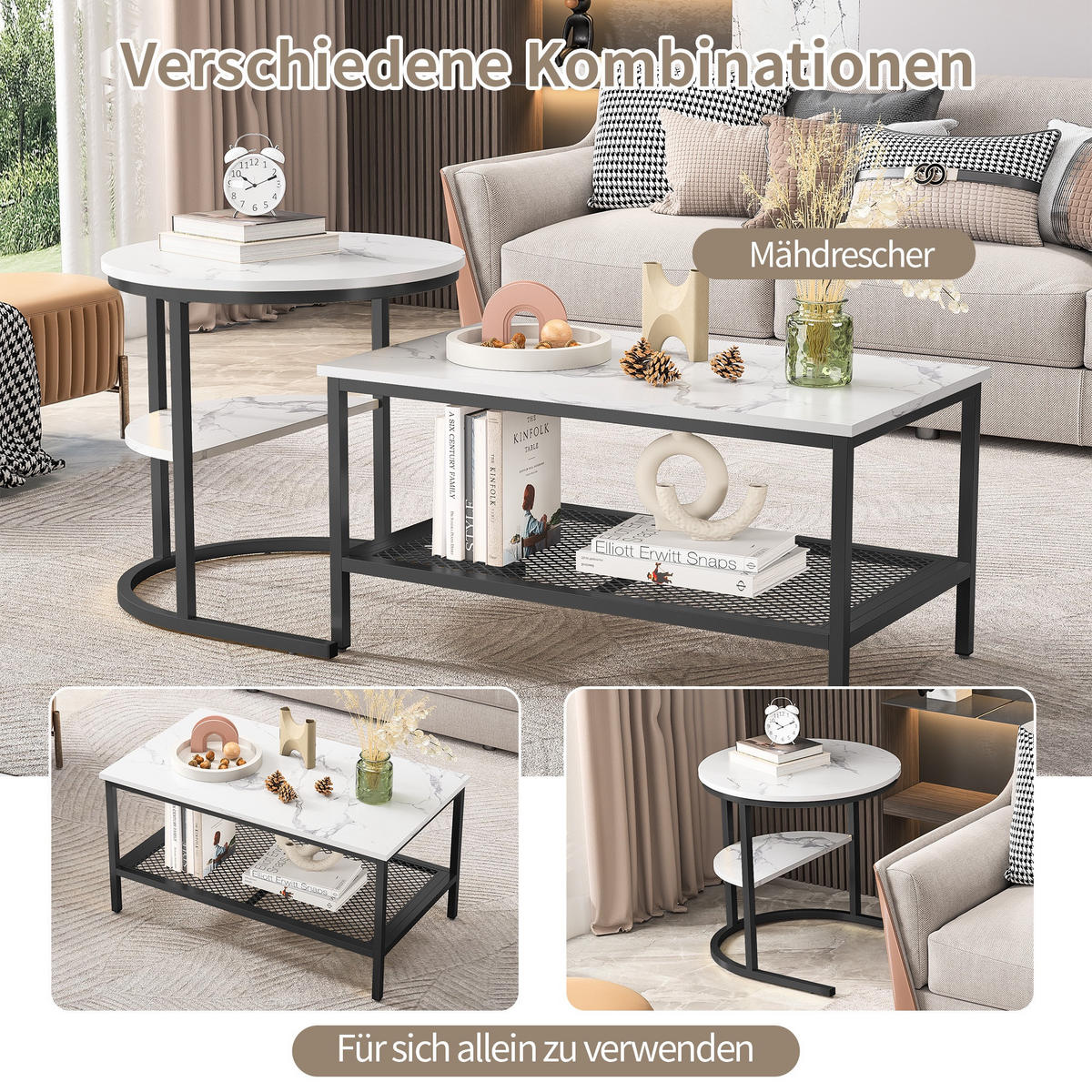COUCHTISCH-SET 2-teilig Marmor-Optik mit schwarzem Metallrahmen - Schwarz, Metall (132/52/51cm) - DELFA