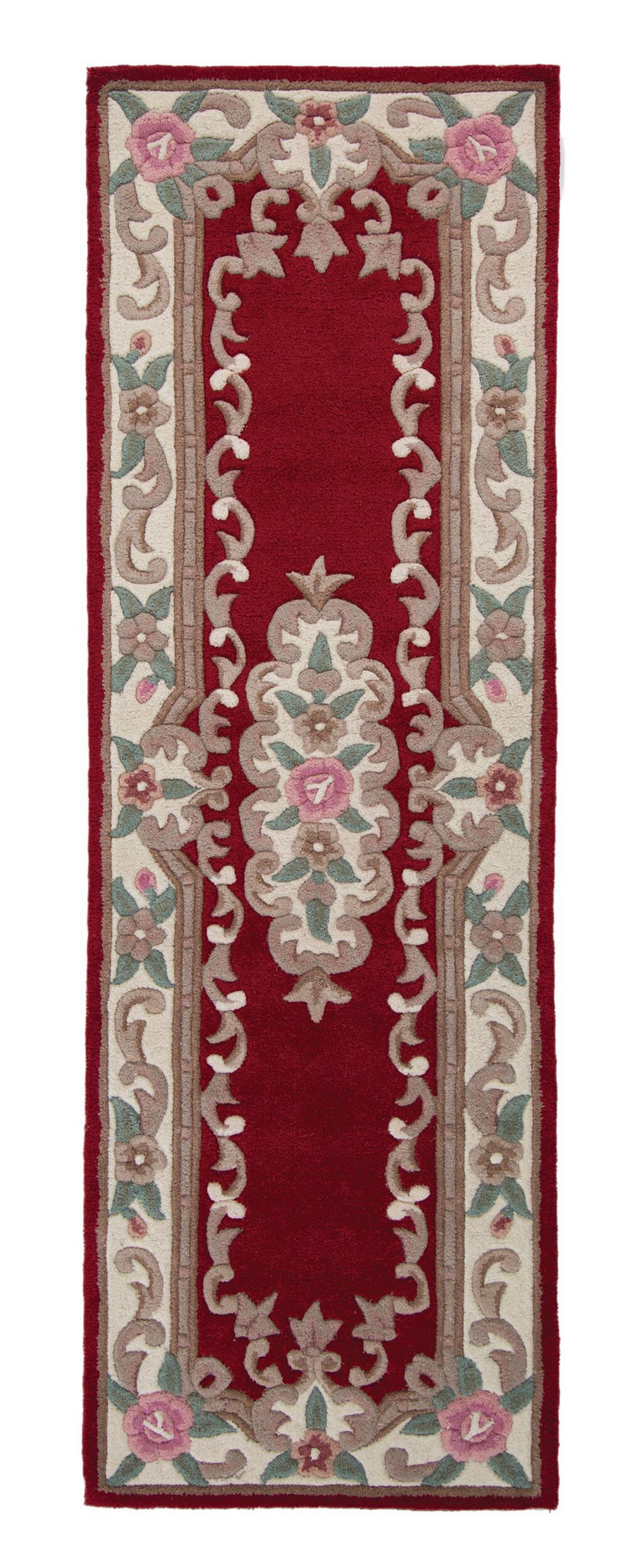 WOLLTEPPICH Aubusson-Muster handgeknüpft BEAULY, Rot-Beige 67x210 cm - Rot, Textil (67/210cm) - KADIMA DESIGN