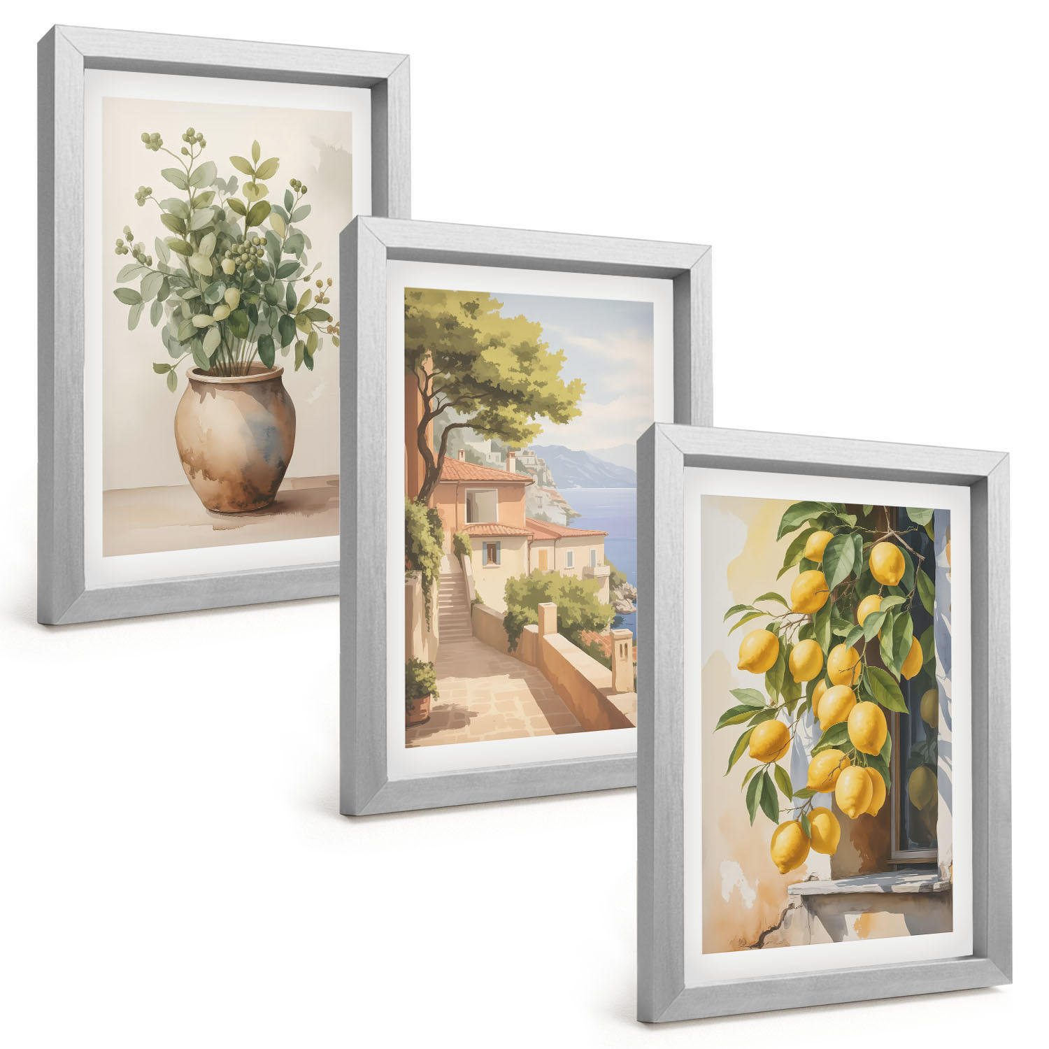 BILDER SET 3er Set - 20x30 cm Silberner Rahmen - Blumen in einer Vase, ein Meer aus Zitronen - Silberfarben, Kunststoff (20/30cm) - TULUP