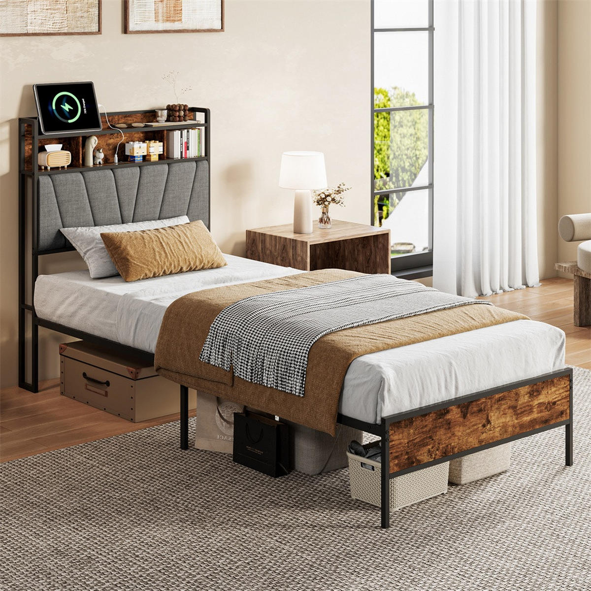 METALLBETT 90x200 cm mit LED Beleuchtung - Kopfteil-Stauraum - USB&USB-C - Schwarz+Grau - ohne Matratze - Schwarz, Metall (90/200cm) - DELFA