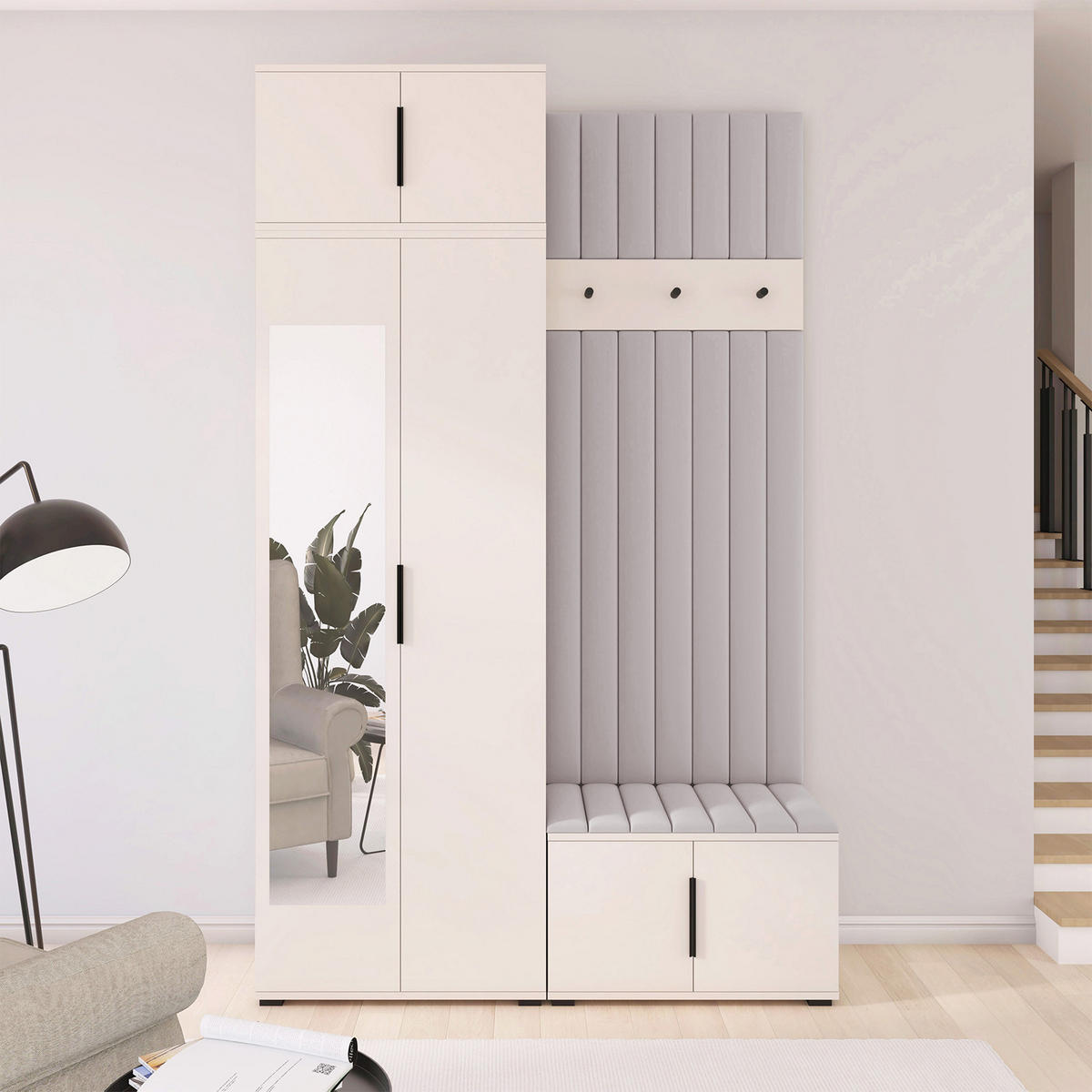 GARDEROBE Napoli version 14 mit Spiegel, mit POLSTERPANEELEN Grau - Beige/Grau, Holzwerkstoff (140/225/40cm) - Jerpax