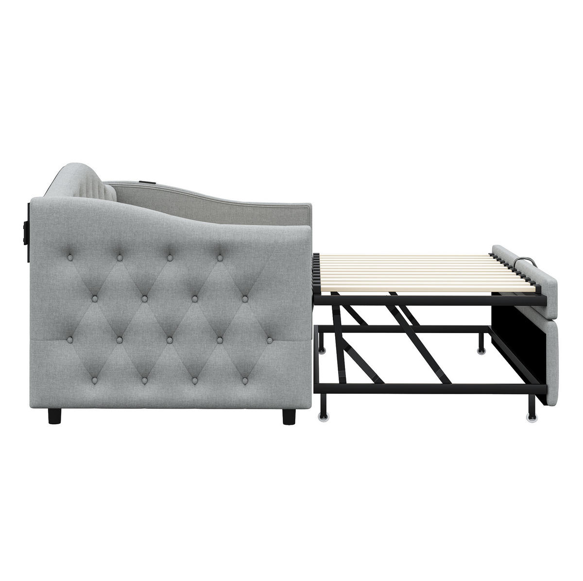 POLSTERBETT 90/200 cm Grau aus Leinen mit USB-Anschluss - Grau, Textil (90/200cm) - OKMYHOME