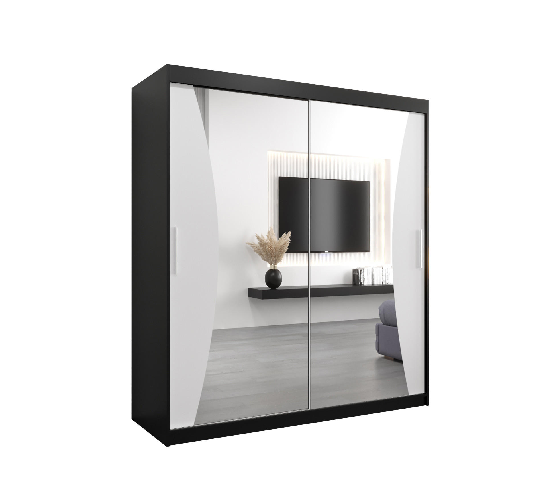 Abiks Möbel Schwebetürenschrank Schwarz, Weiß 180x200x62 cm