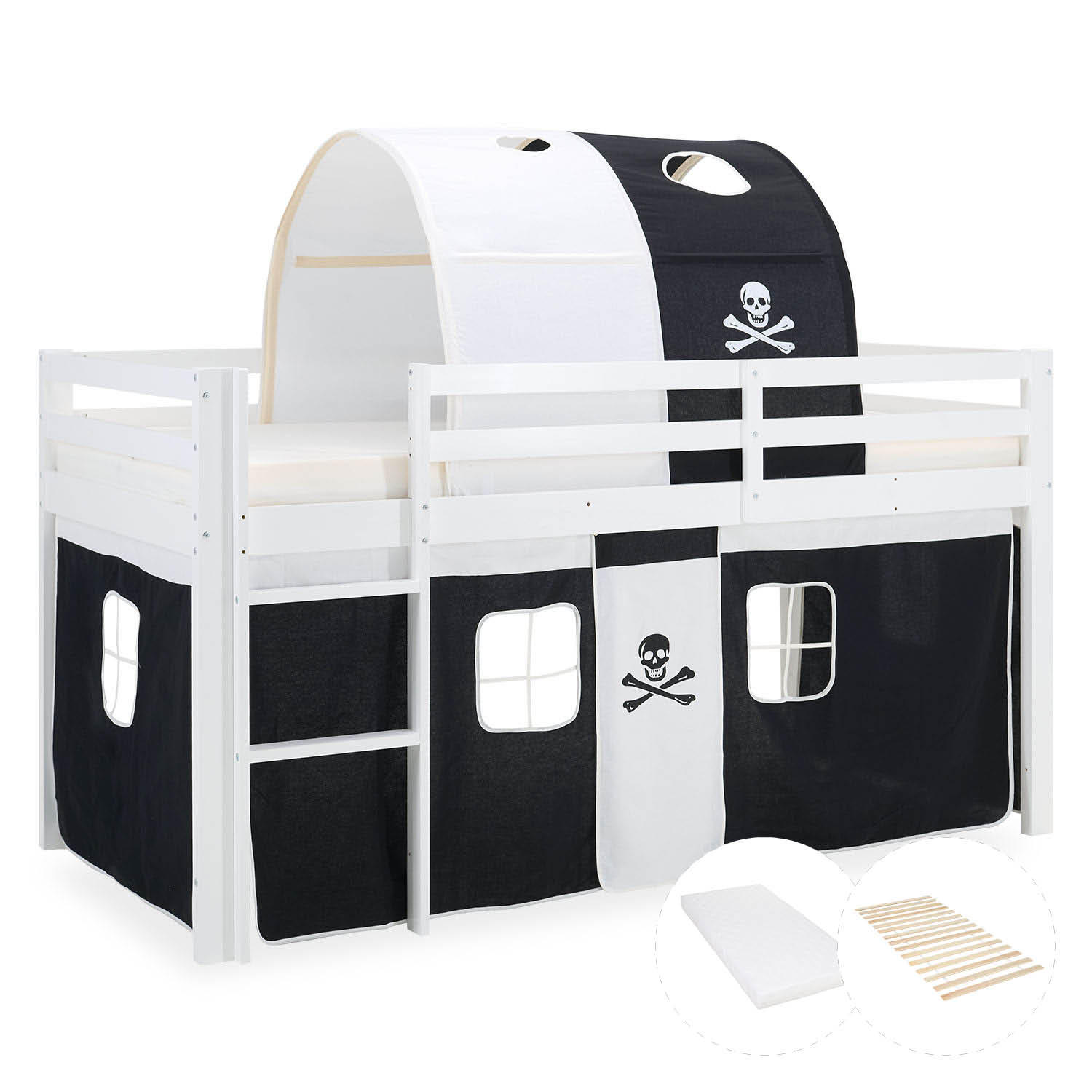 HOCHBETT mit Matratze Tunnel 90/200 cm Pirat - Schwarz/Weiß, Holz - Homestyle4u
