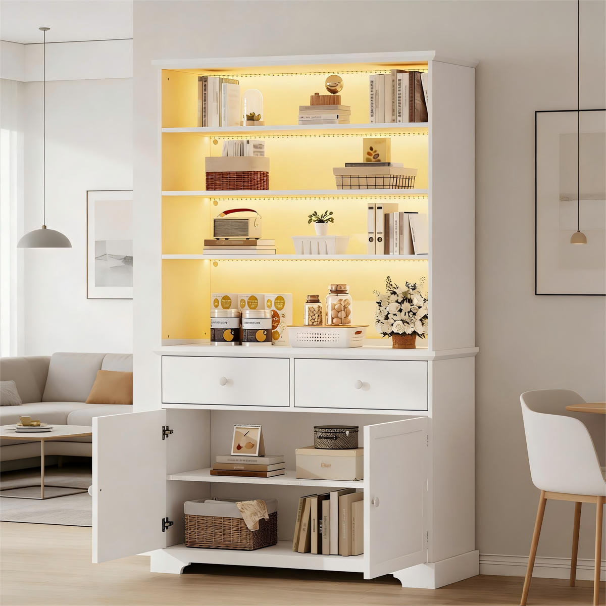 VITRINE LED Glasvitrine 170cm 2 Türen 2 Schubladen Weiß - Weiß, Holzwerkstoff (100/170/38cm) - FLIEKS