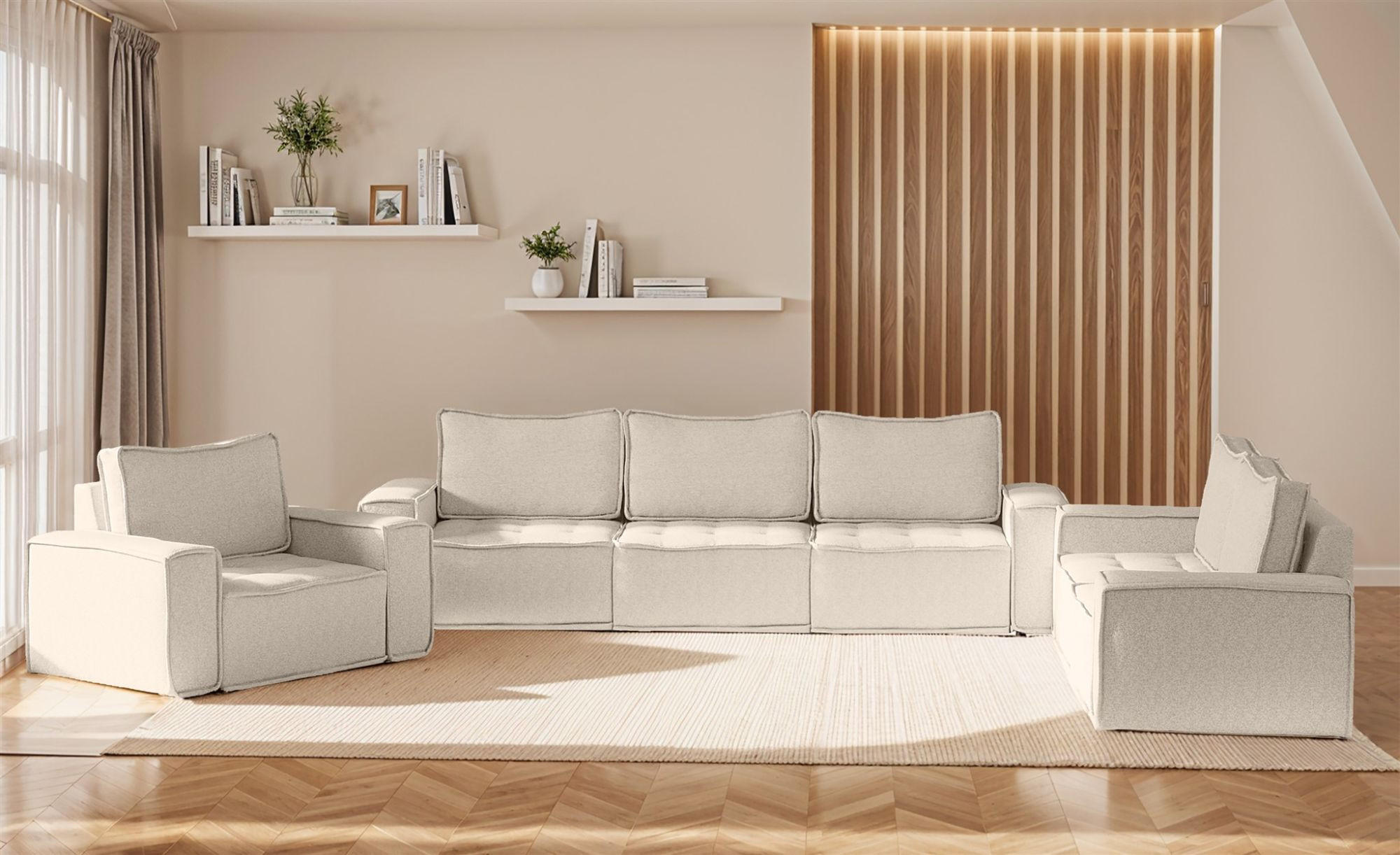 SOFASET Sande 3-2-1 Stoff Alpine - Beige, Holzwerkstoff/Textil (292/85/90cm) - Fun Möbel