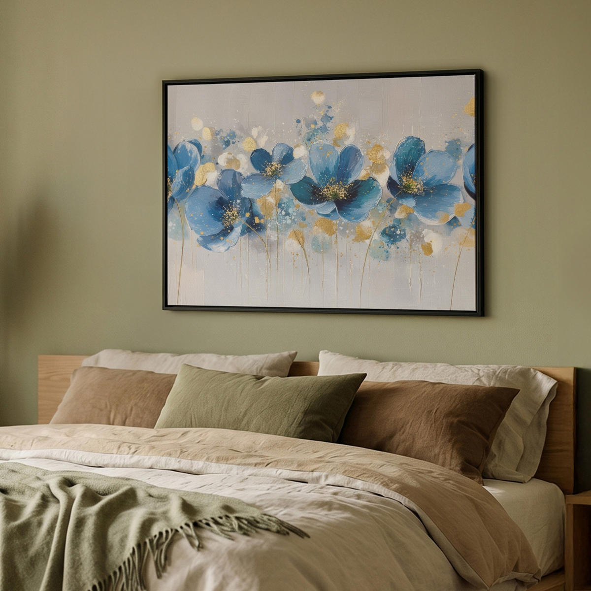 LEINWAND Bilder mit Rahmen - Blumen - Blau - Abstrakt - 100x70 - Hellgrau, Textil (100/70cm) - MuchoWow