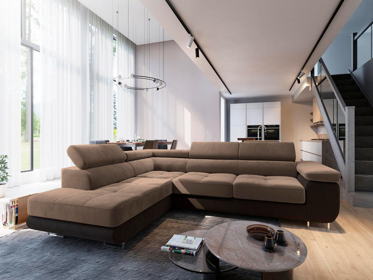 ECKSOFA SELVA L-S Beige Velours-Stoff mit Schlaffunktion - Beige, Holz (275/202cm) - MASSENO