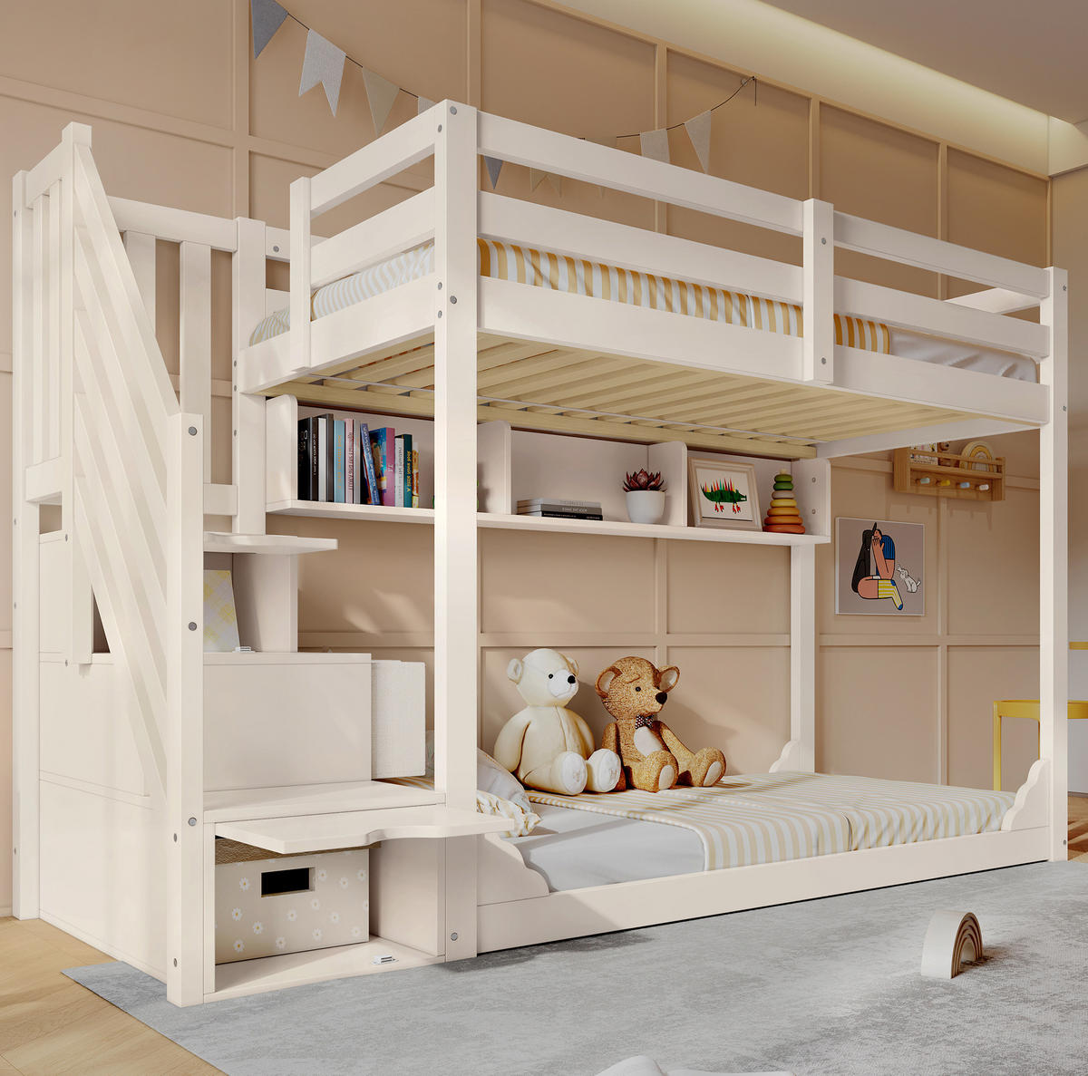 ETAGENBETT 90/200 cm aus Holz mit Treppenschrank, Stauraum und Sicherheitsgeländer, Weiß - Weiß, Holzwerkstoff (90/200cm) - Redom