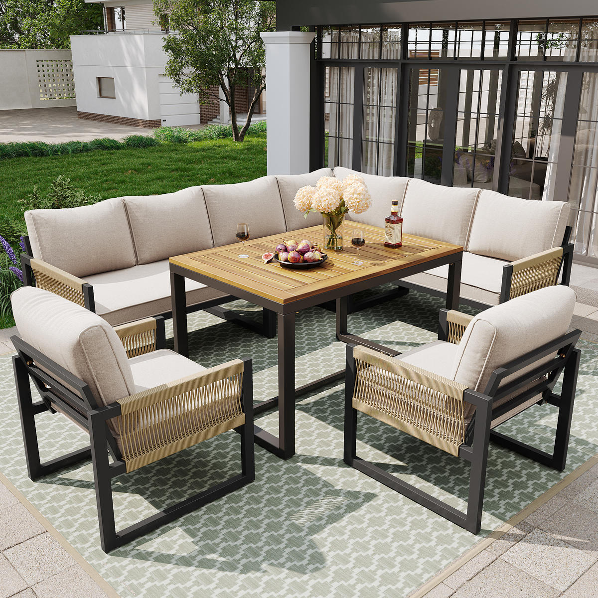 GARTENMÖBEL-SET mit Tisch & modularen Sitzen, 100/58/67 cm, Beige - Beige, Metall - Redom