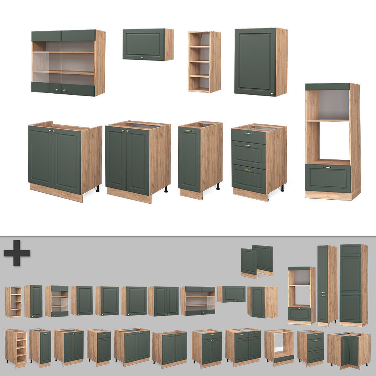 KÜCHENZEILE Fame-Line Grün-Gold Landhaus/Goldkraft Eiche 280 cm AP Marmor - Eiche Wotan/Grün, Holzwerkstoff (280/81.6/60cm) - Vicco