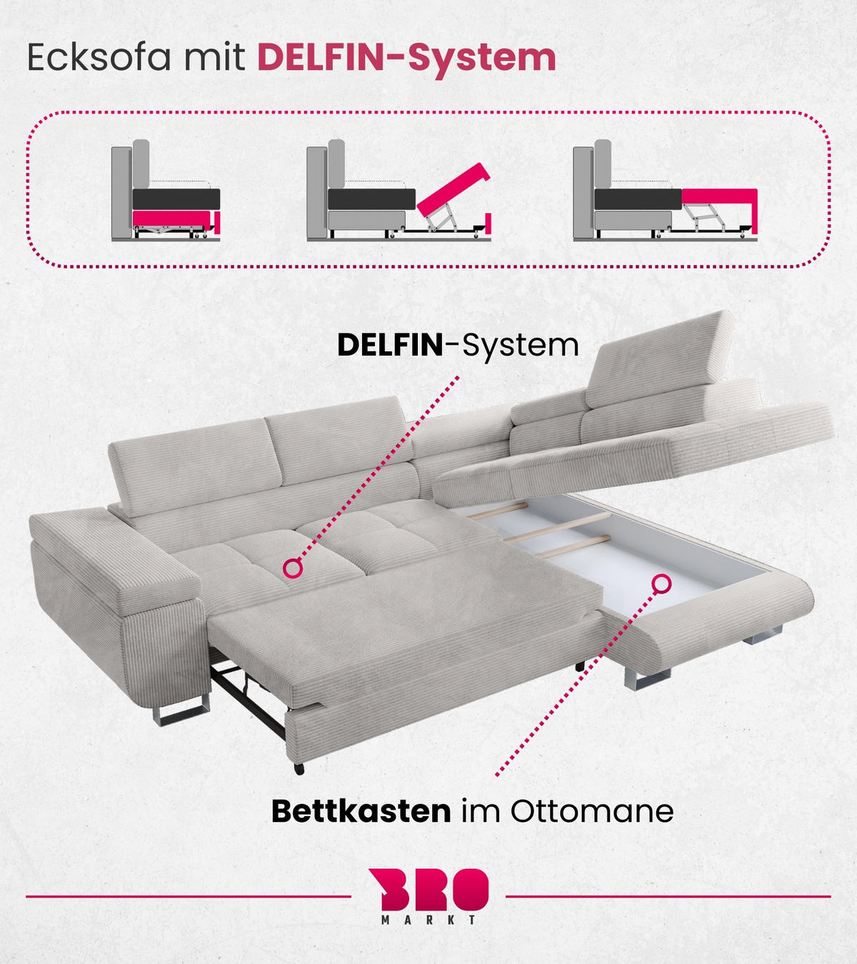 ECKSOFA Anton mit Schlaffunktion Weiß Cord - Silberfarben/Weiß, Textil/Metall (142/275cm) - Bromarkt
