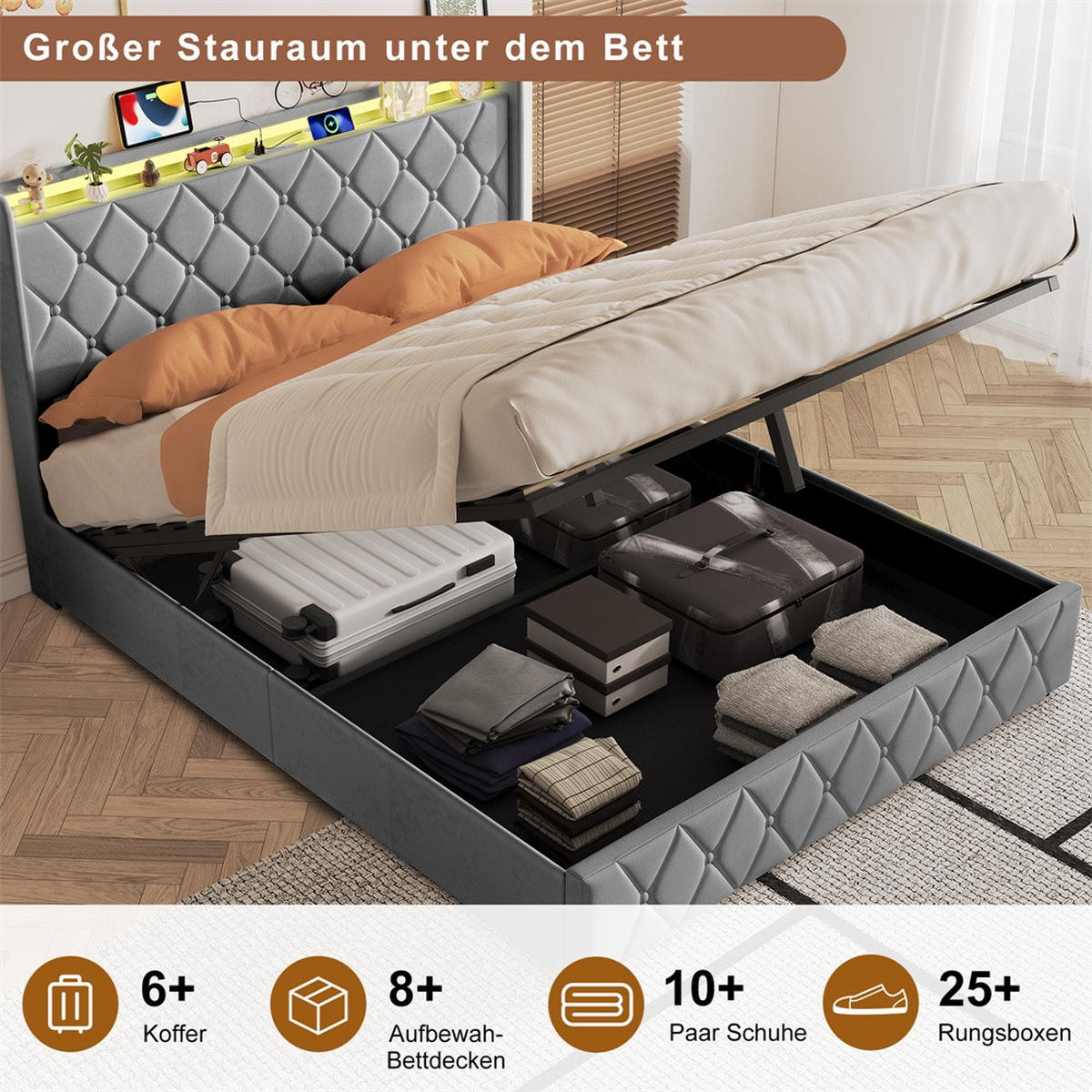 POLSTERBETT 160x200 cm mit hydraulischem Stauraum - Kopfteil Regal & LED - USB - ohne Matratze - Grau - Grau, Textil (160/200cm) - DELFA