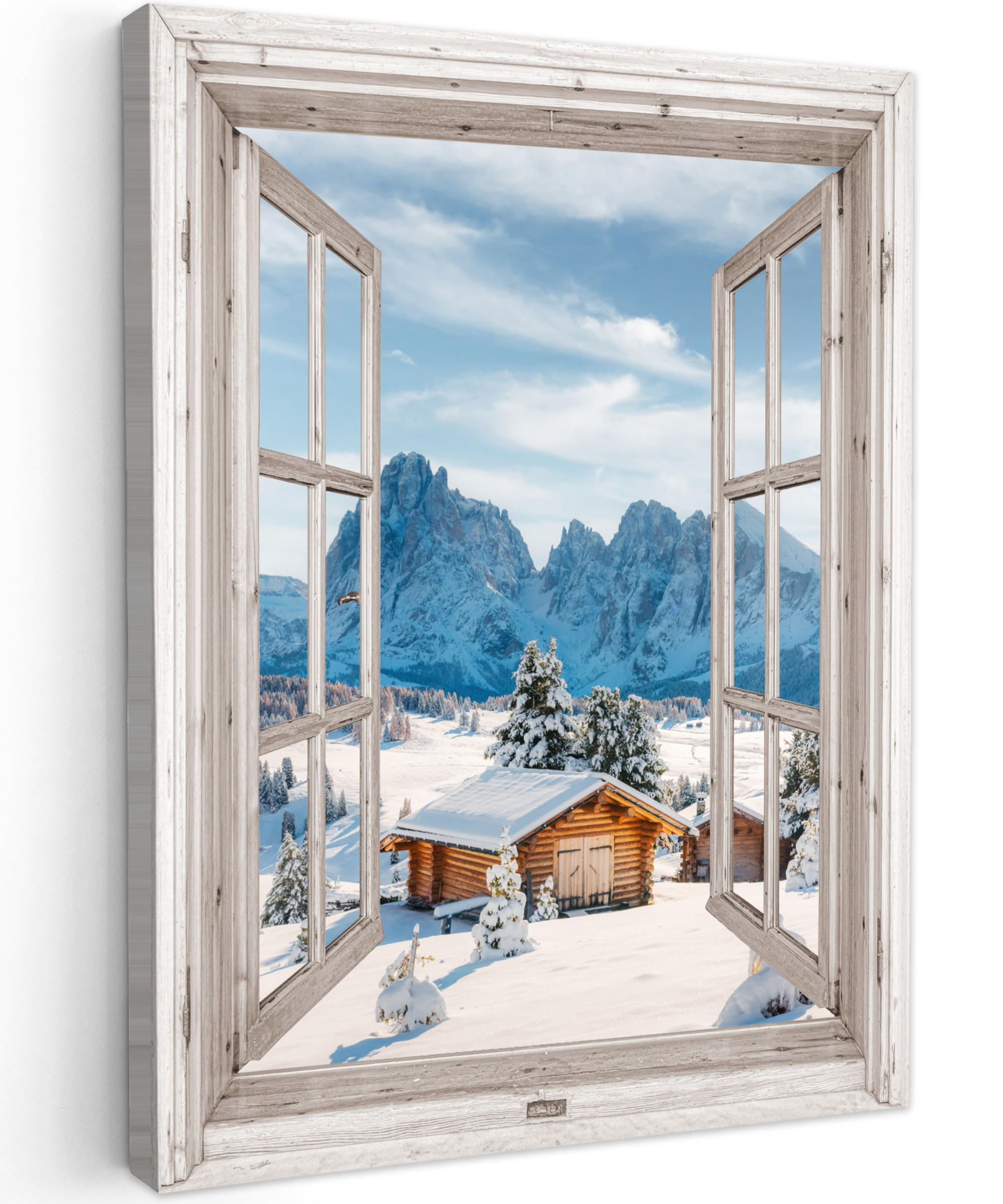 LEINWANDBILD Winterlandschaft - Hütte - Berge - Ausblicke - Aussicht - Natur 60x80 cm - Weiß Hochglanz, Textil (60/80cm) - MuchoWow