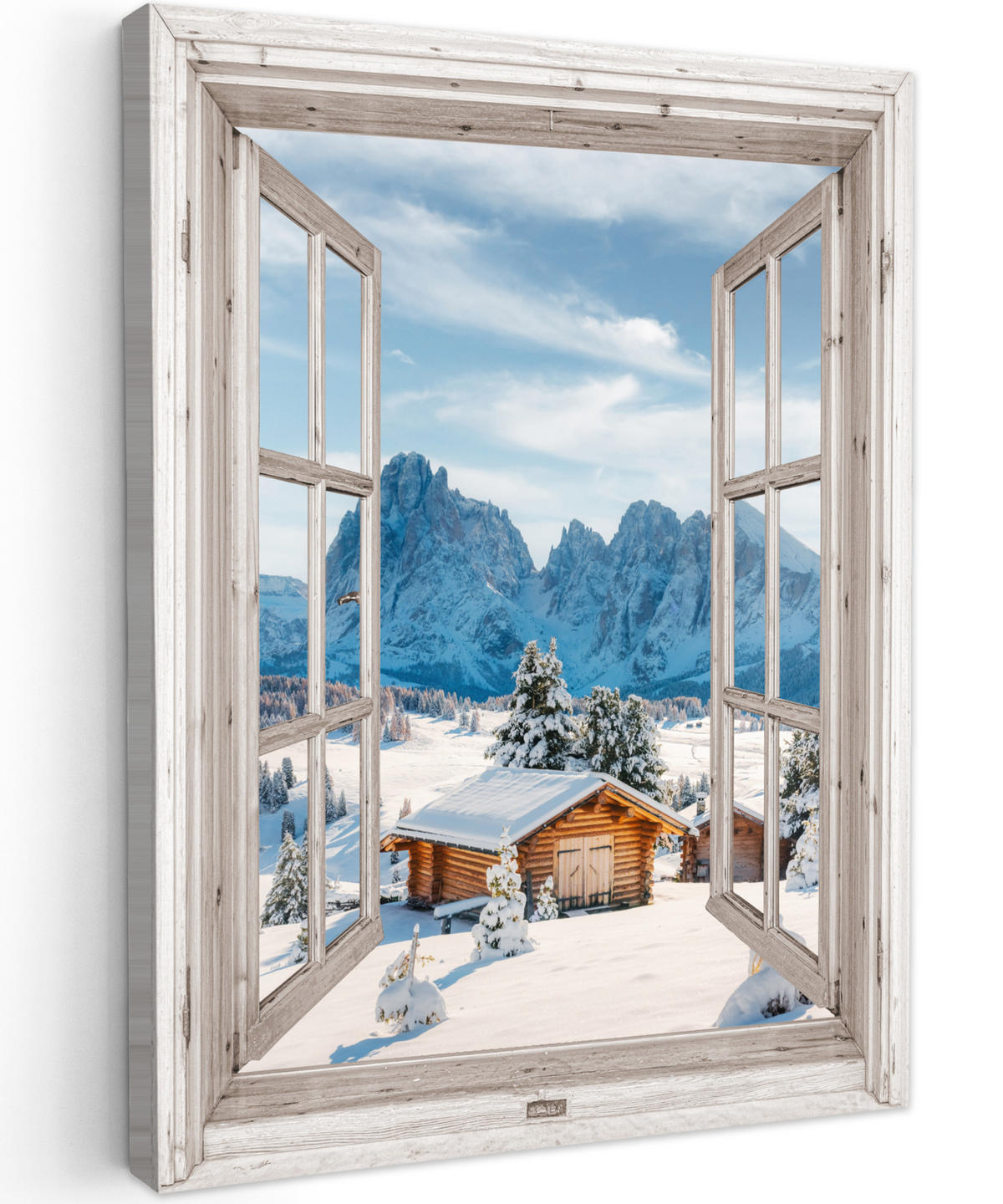 LEINWANDBILD Winterlandschaft - Hütte - Berge - Ausblicke - Aussicht - Natur 60x80 cm - Weiß Hochglanz, Textil (60/80cm) - MuchoWow