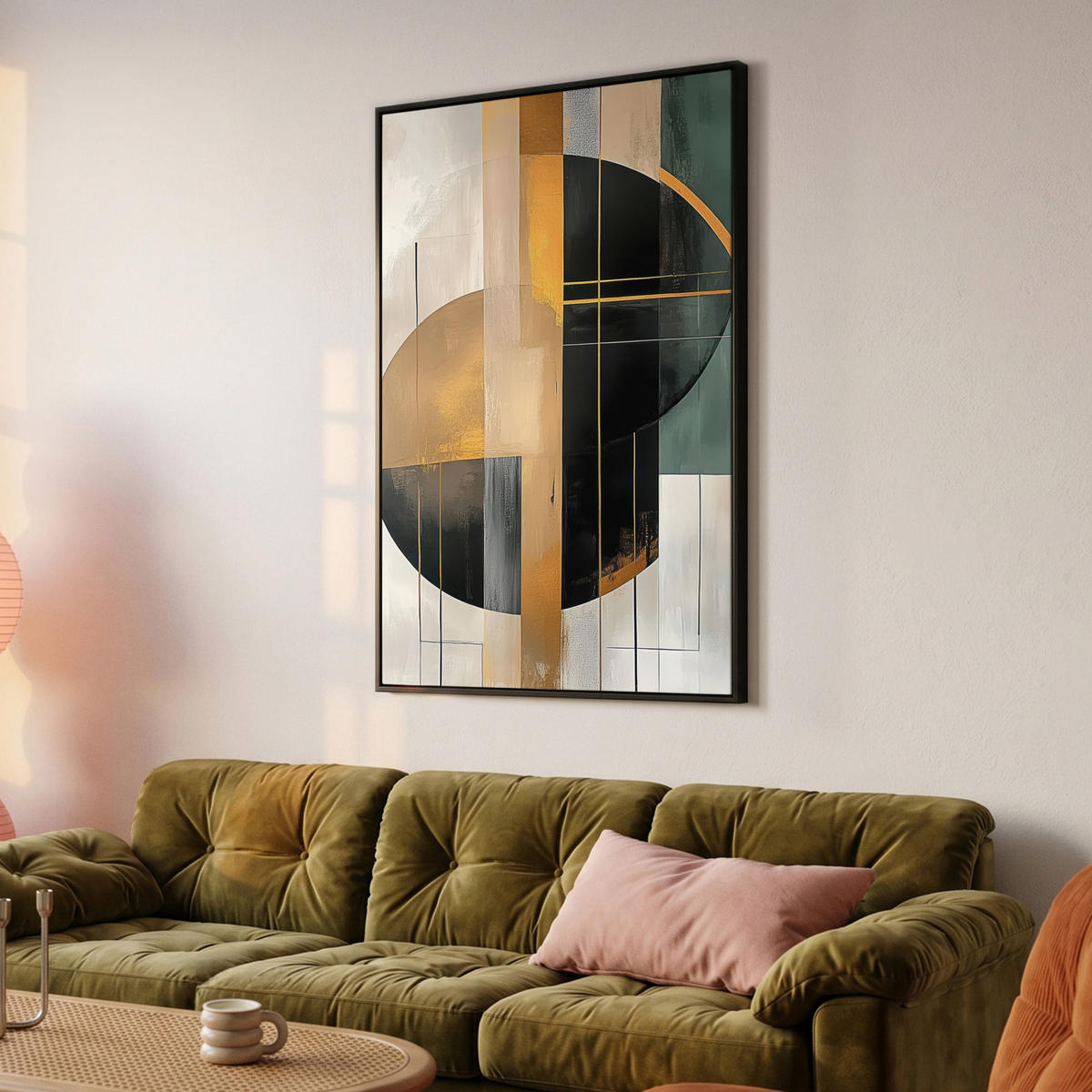 LEINWAND Bilder mit Rahmen - Abstrakt - Gold - Bronze - Grün - Formen - Modern - 100x150 - Multicolor, Textil (100/150cm) - MuchoWow