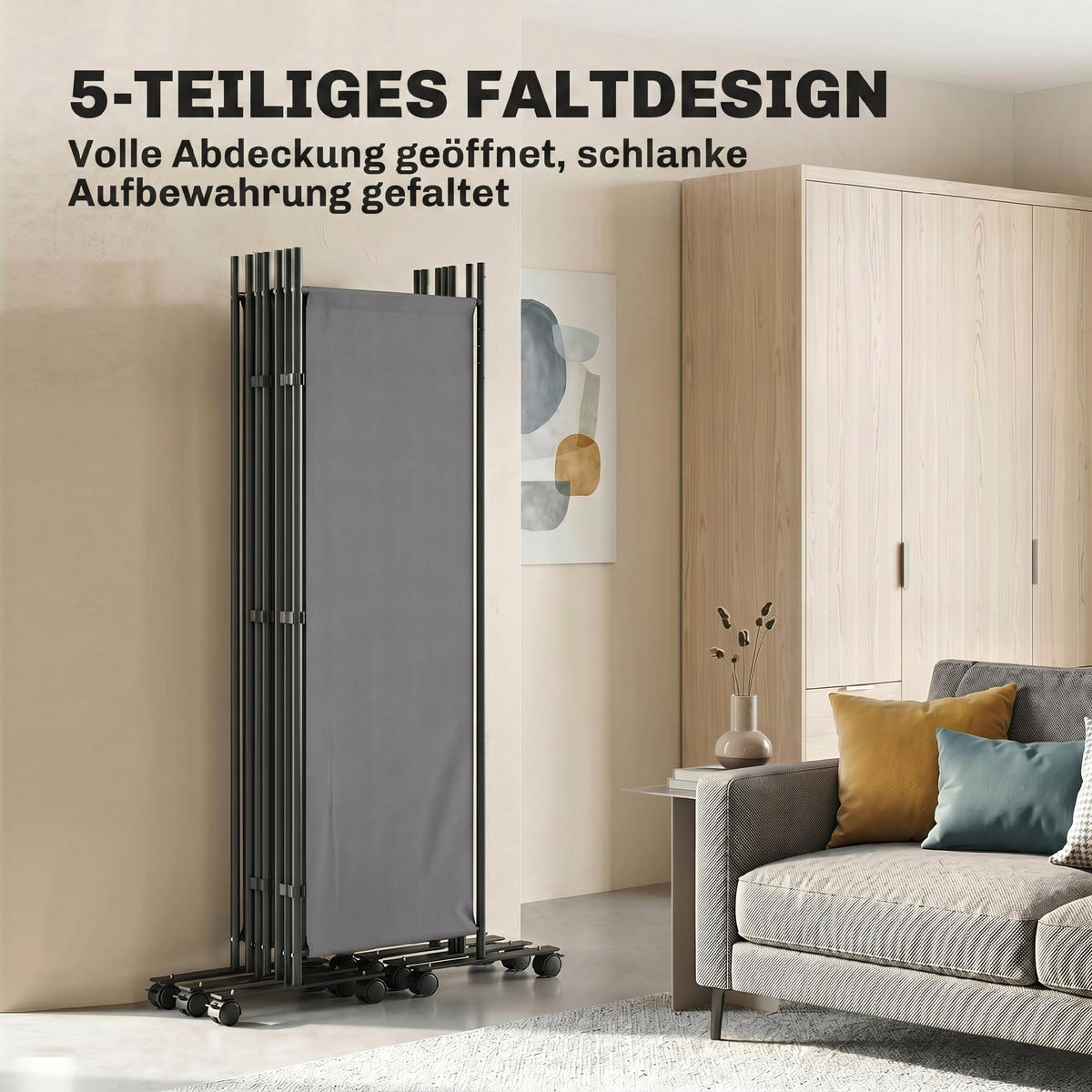 RAUMTEILER,5-TEILIG freistehend klappbar 252x40cm,dunkelgrau - Grau, Metall (252/170cm) - Vallsero