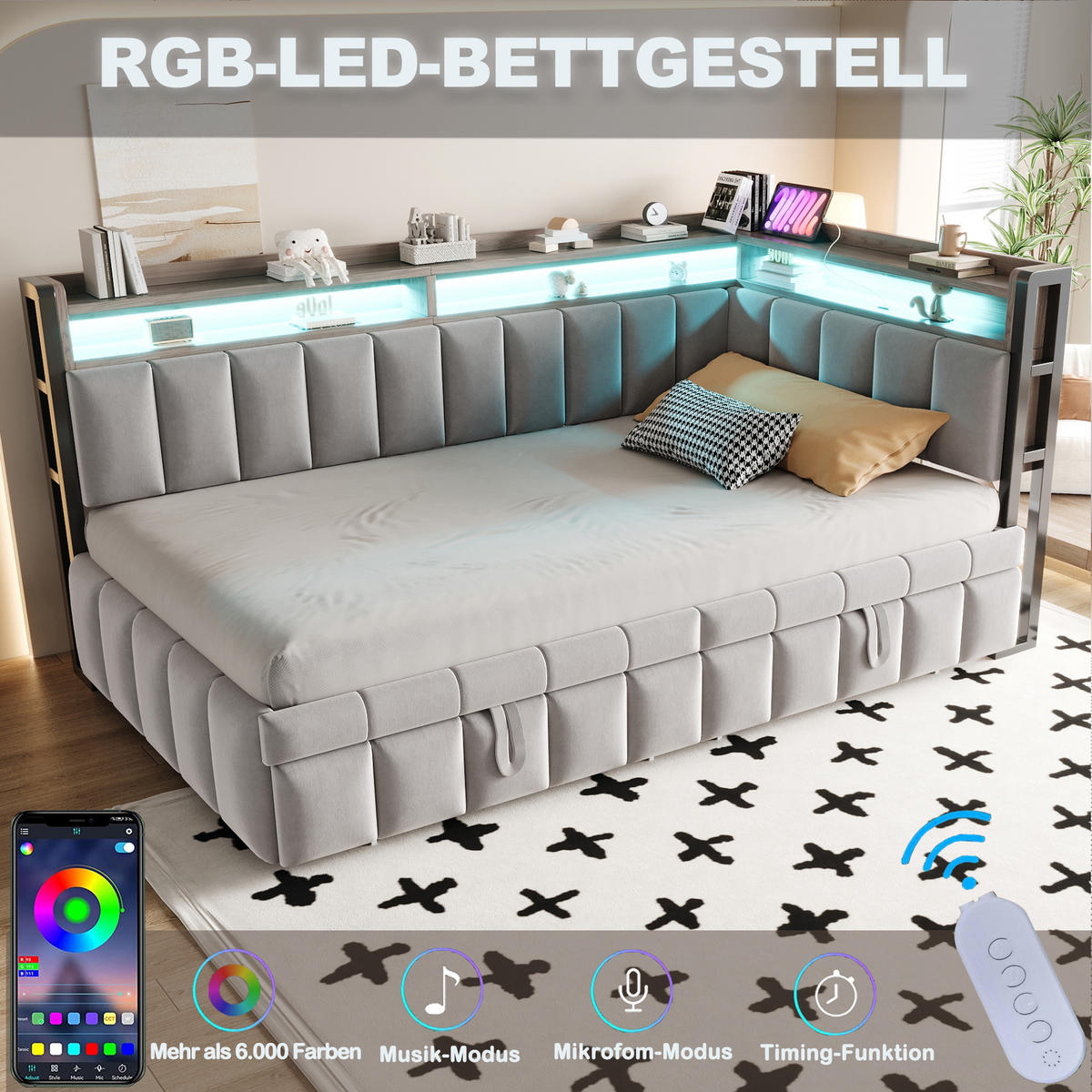 SCHLAFSOFA 90x200cm mit Ausziehbett, LED, USB-C, Hellgrau - Hellgrau, Textil (90/200cm) - FLIEKS