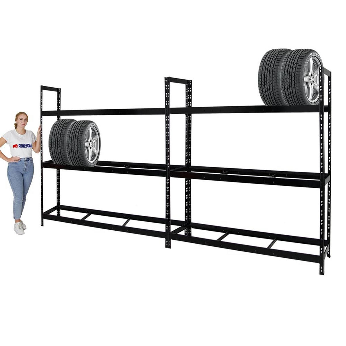 REIFENREGAL Tiger XL 2er-Set mit 2x 200x180x45 cm 300 kg Fachlast bis zu 42 Reifen Schwarz - Schwarz, Metall (360/200/45cm) - PROREGAL
