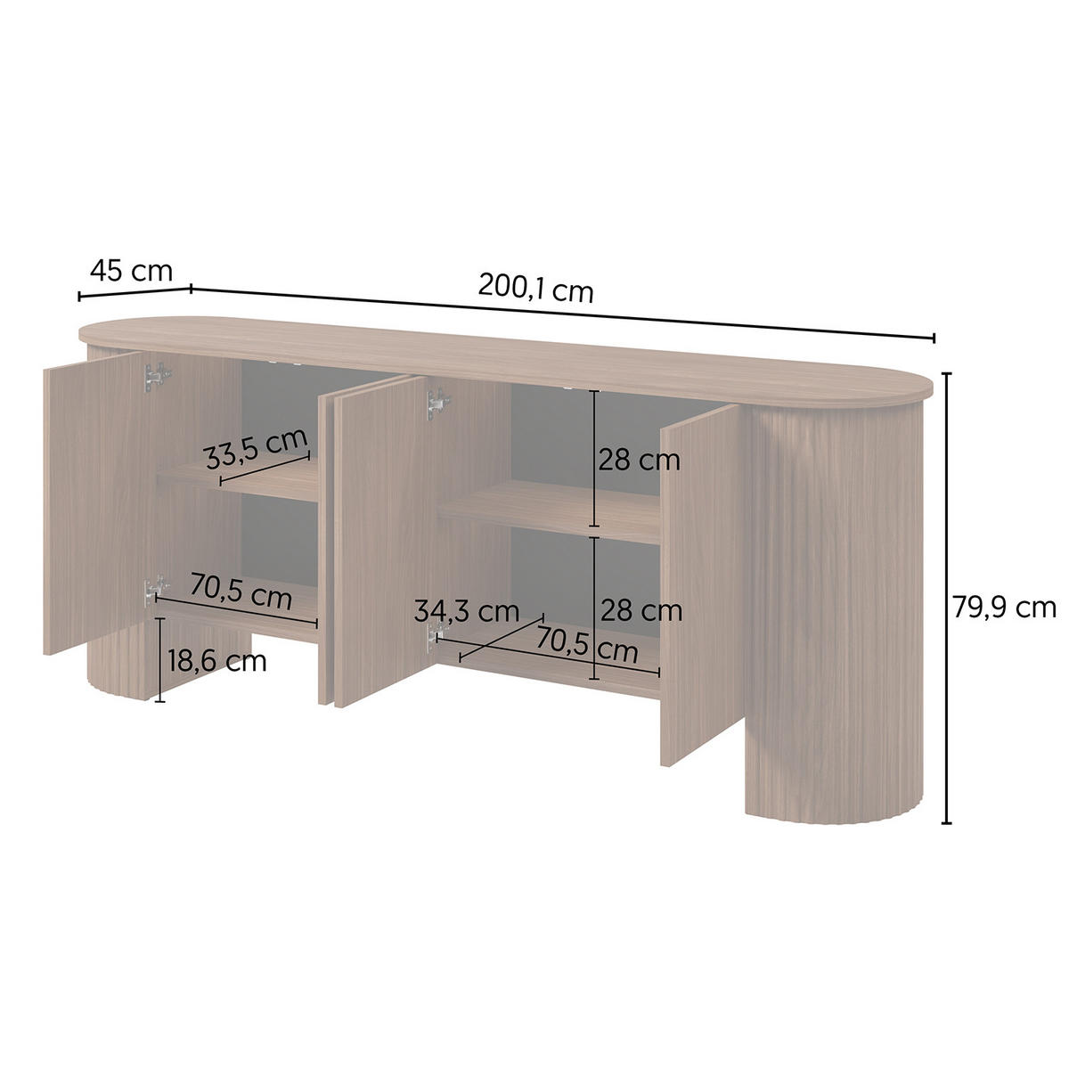 KOMODA Carlo s 1 dvířky a 3 zásuvkami, Push-To-Open, 200 cm, ořech - barva vlašského ořechu, kompozitní dřevo (200/80/45cm) - Beautysofa