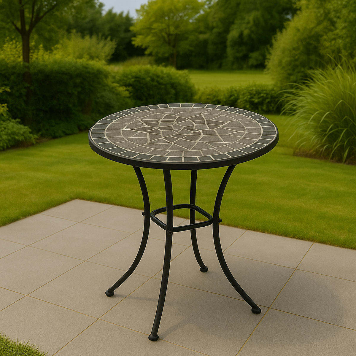 BISTROTISCH Derby mit Mosaik-Tischplatte grau/weiss - Gestell aus schwarz pulverbeschichtetem Eisen 60x60x70 cm - Schwarz, Metall (60/60/70cm) - TPFGarden