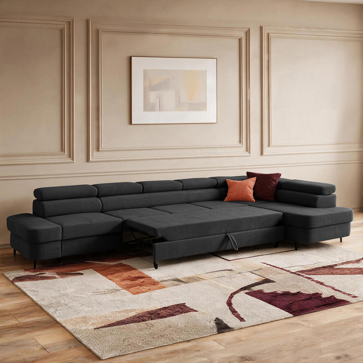 ECKSOFA PRIAM XXL L-Form Rechts mit Schlaffunktion 125x265 Velours Schwarz - Schwarz, Holz/Textil (420/203cm) - Muffo