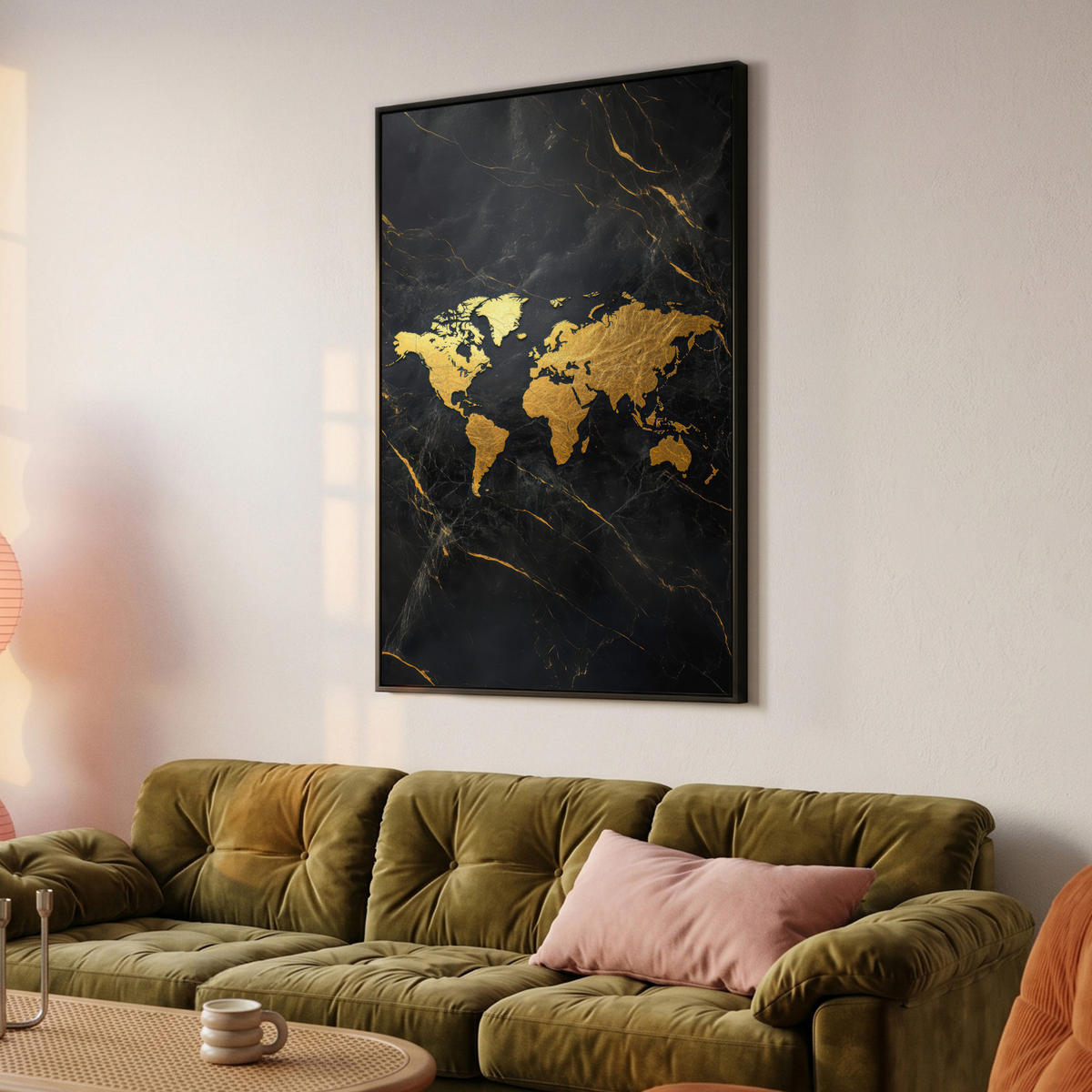 LEINWAND Bilder mit Rahmen - Weltkarte - Gold - Marmor - 90x140 - Goldfarben, Textil (90/140cm) - MuchoWow